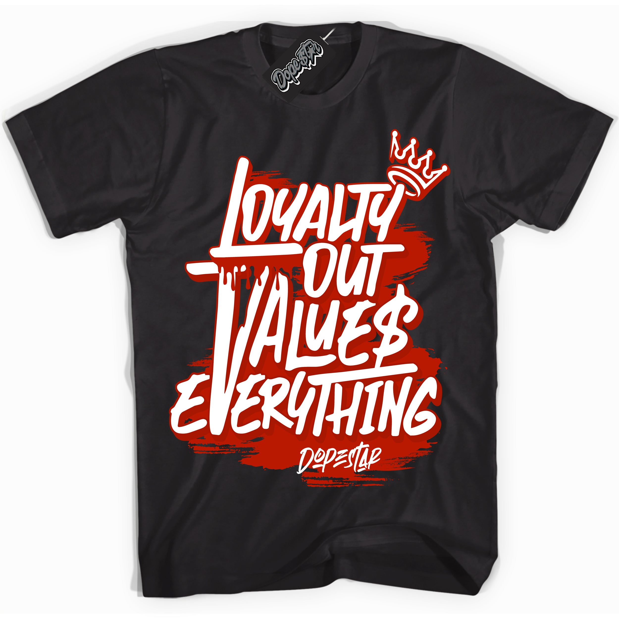 Cool Black Shirt with “ Loyalty Out Values Everything” design that perfectly matches Cherry 11s Sneakers.