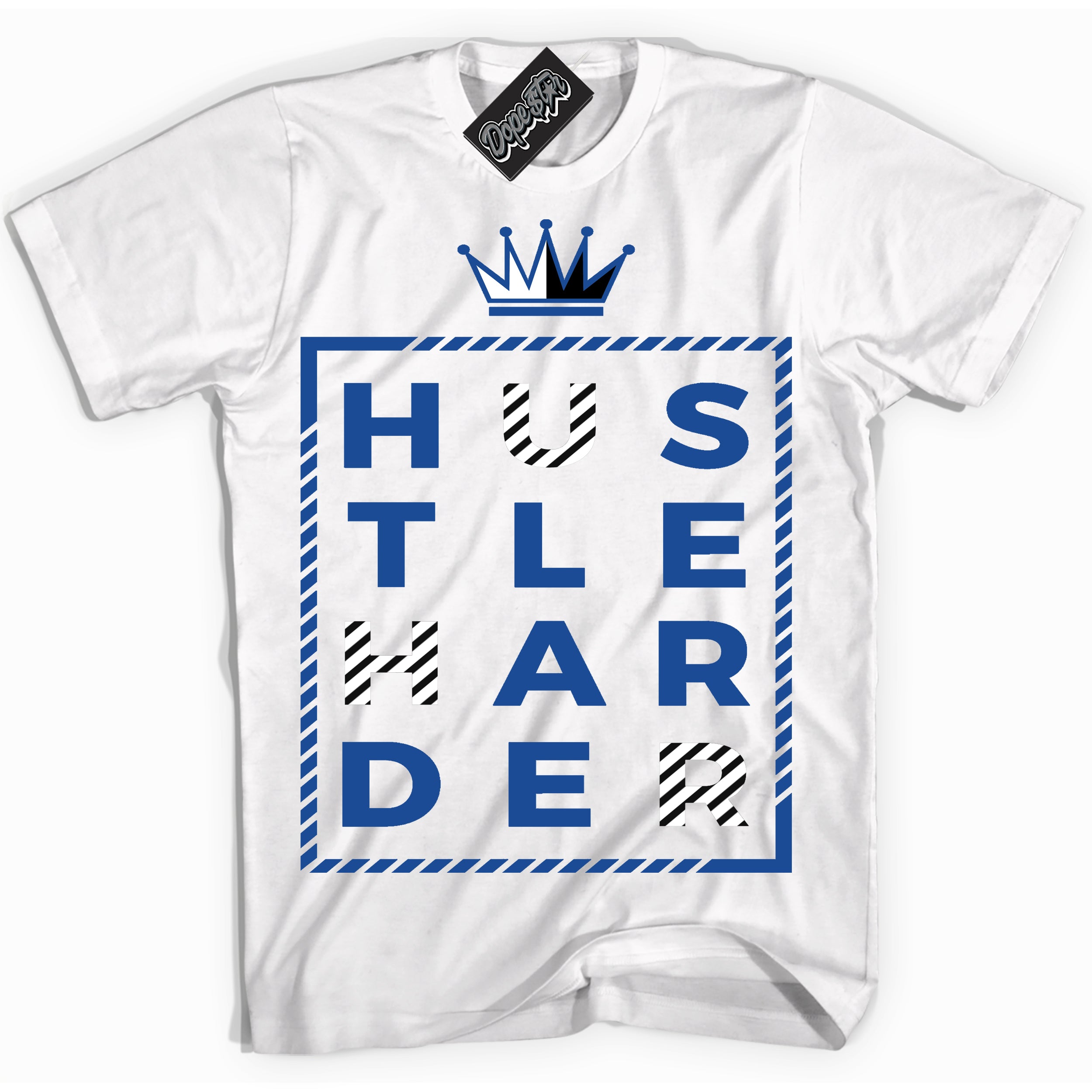 AJ12 Retro Blueberry ‘Hustle Harder’ – White Streetwear T-Shirt | Sneaker Matching shirt for AJ12 Retro Blueberry | Men's and Women's Streetwear Graphic Tee by Sneaker Shirts Outlet.