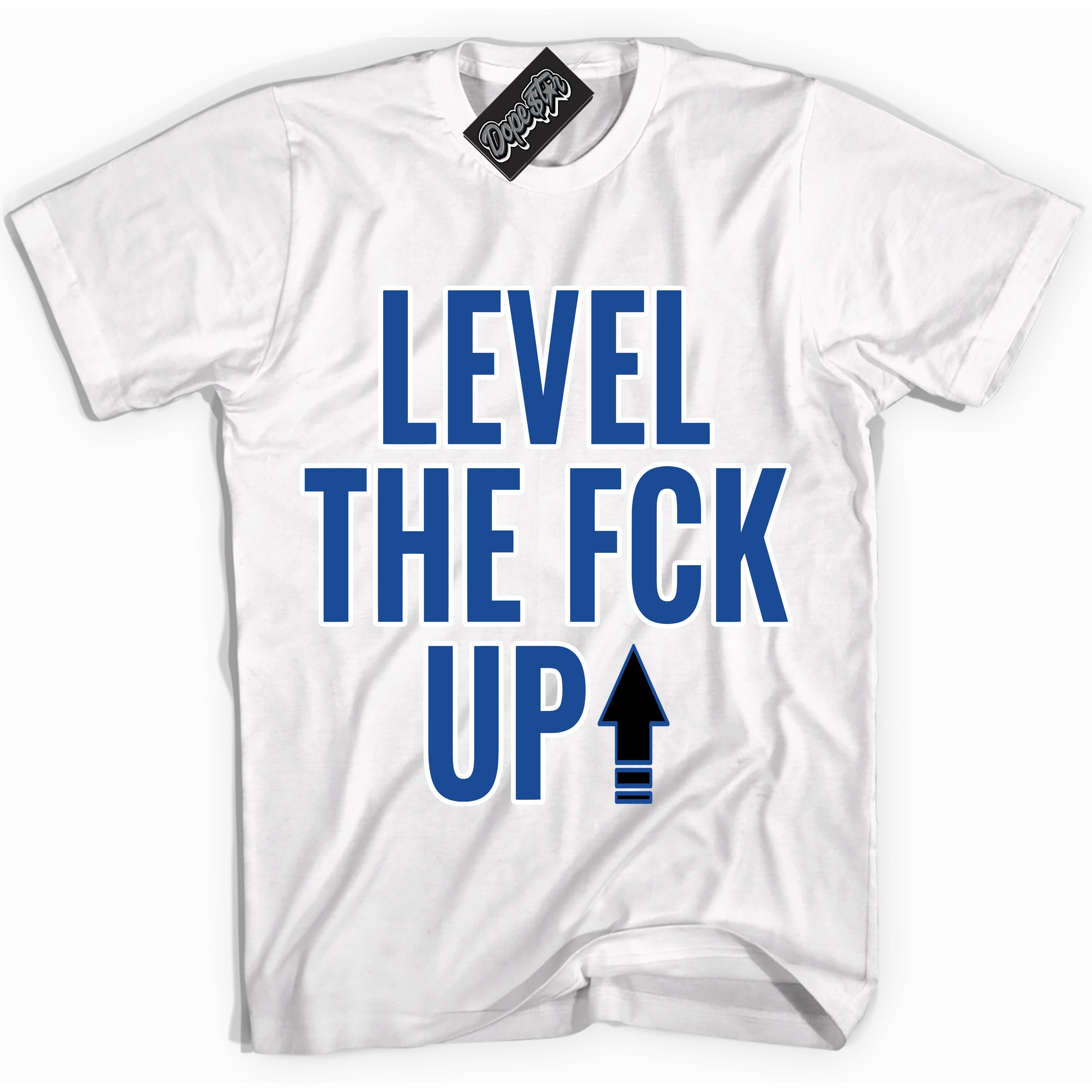AJ12 Retro Blueberry ‘Level The Fck Up’ – White Streetwear T-Shirt | Sneaker Matching shirt for AJ12 Retro Blueberry | Men's and Women's Streetwear Graphic Tee by Sneaker Shirts Outlet.