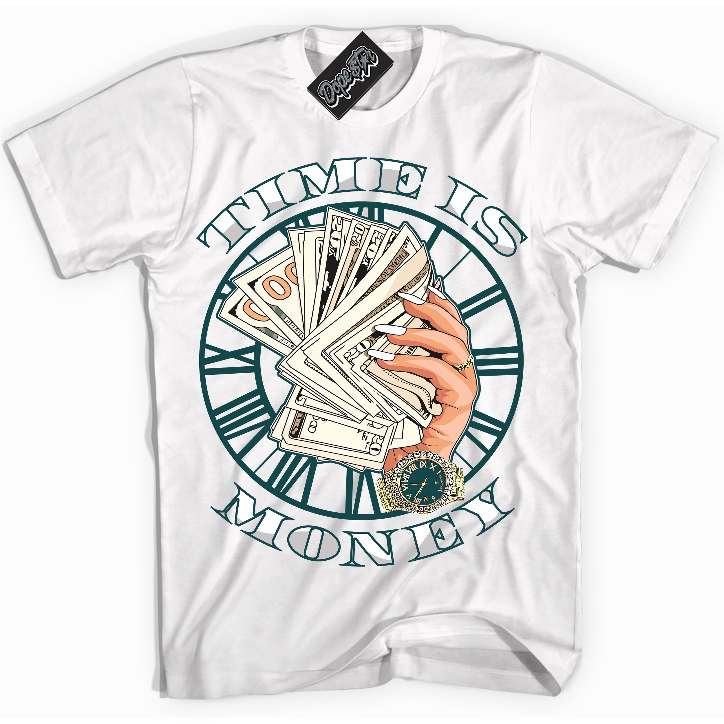 Cool White Shirt with “Time Is Money” design that perfectly matches the Oxidized Green 1s Jordans.