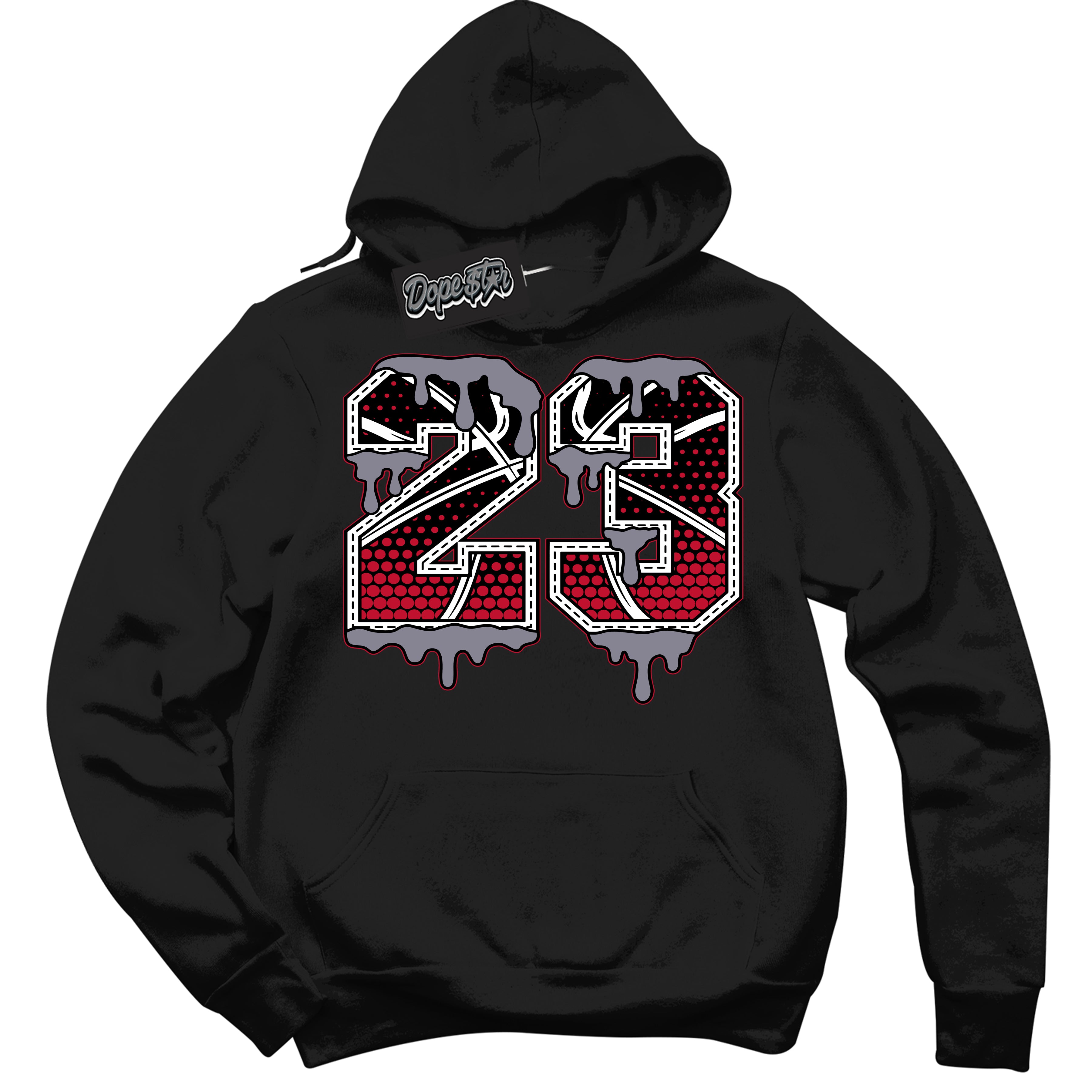 Cool Black Hoodie with “ 23 Ball '' design that Perfectly Matches Cement Grey Fire Red 1s Sneakers.