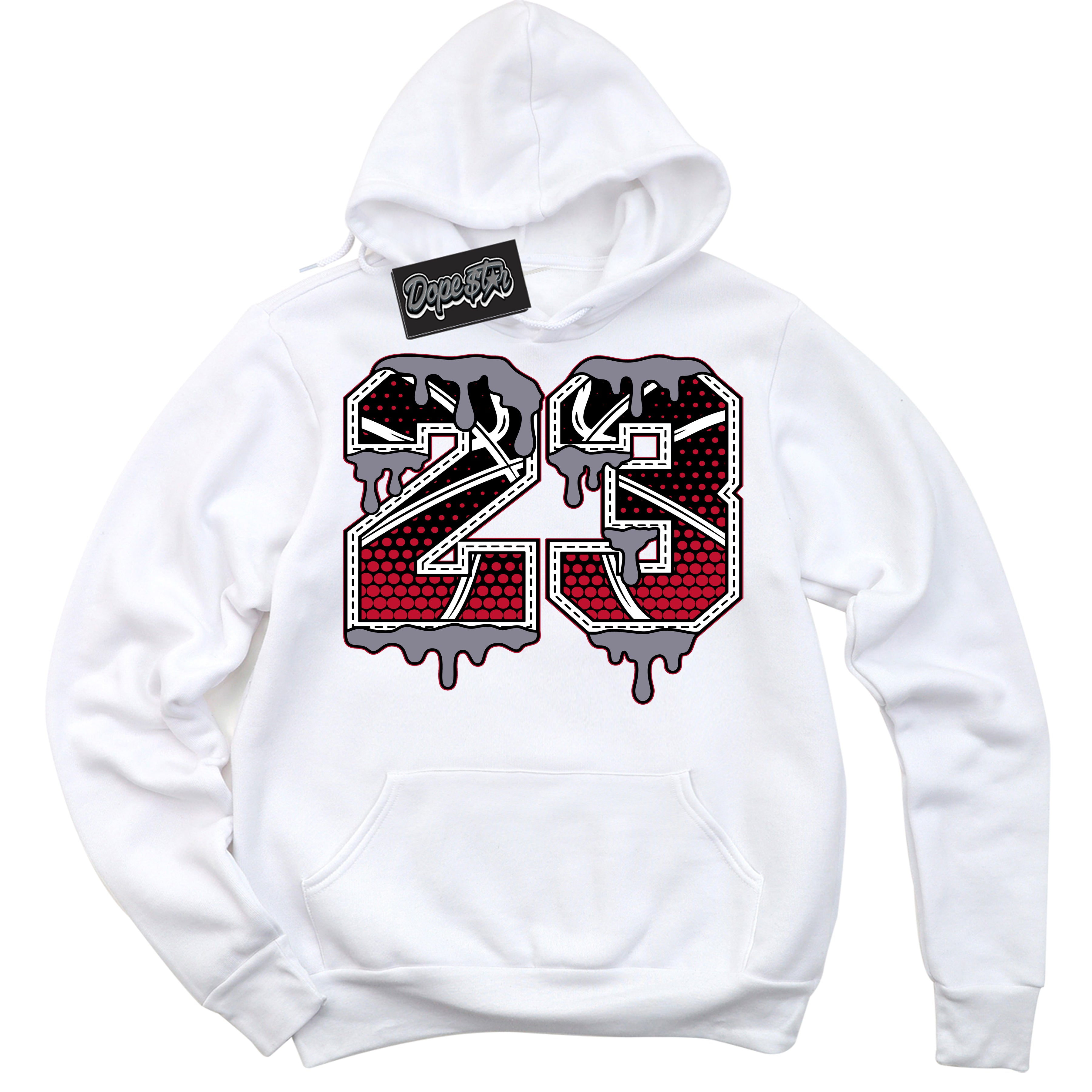 Cool White Hoodie with “ 23 Ball '' design that Perfectly Matches Cement Grey Fire Red 1s Sneakers.