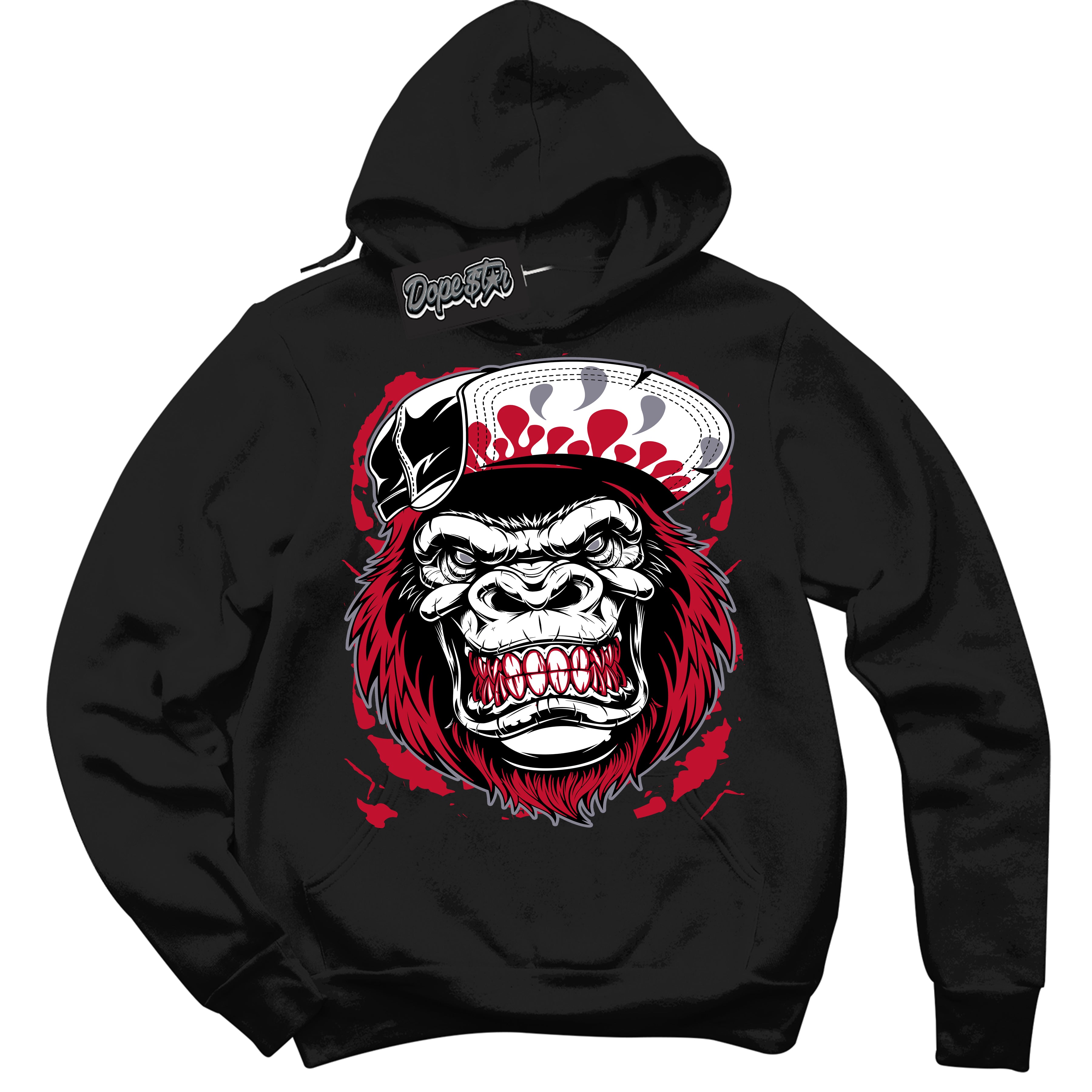 Cool Black Hoodie with “ Gorilla Beast '' design that Perfectly Matches Cement Grey Fire Red 1s Sneakers.