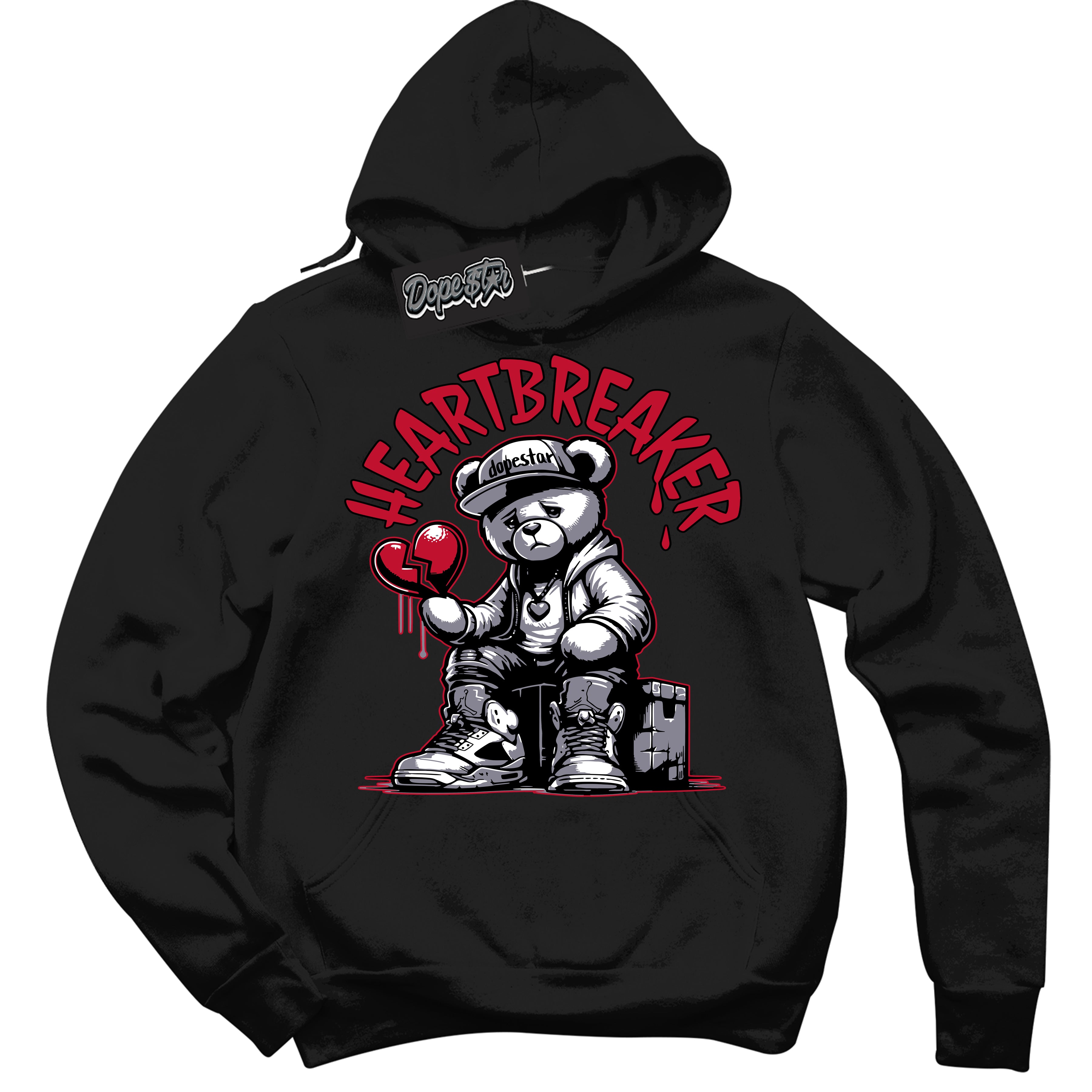 Cool Black Hoodie with “ Heartbreaker Bear '' design that Perfectly Matches Cement Grey Fire Red 1s Sneakers.