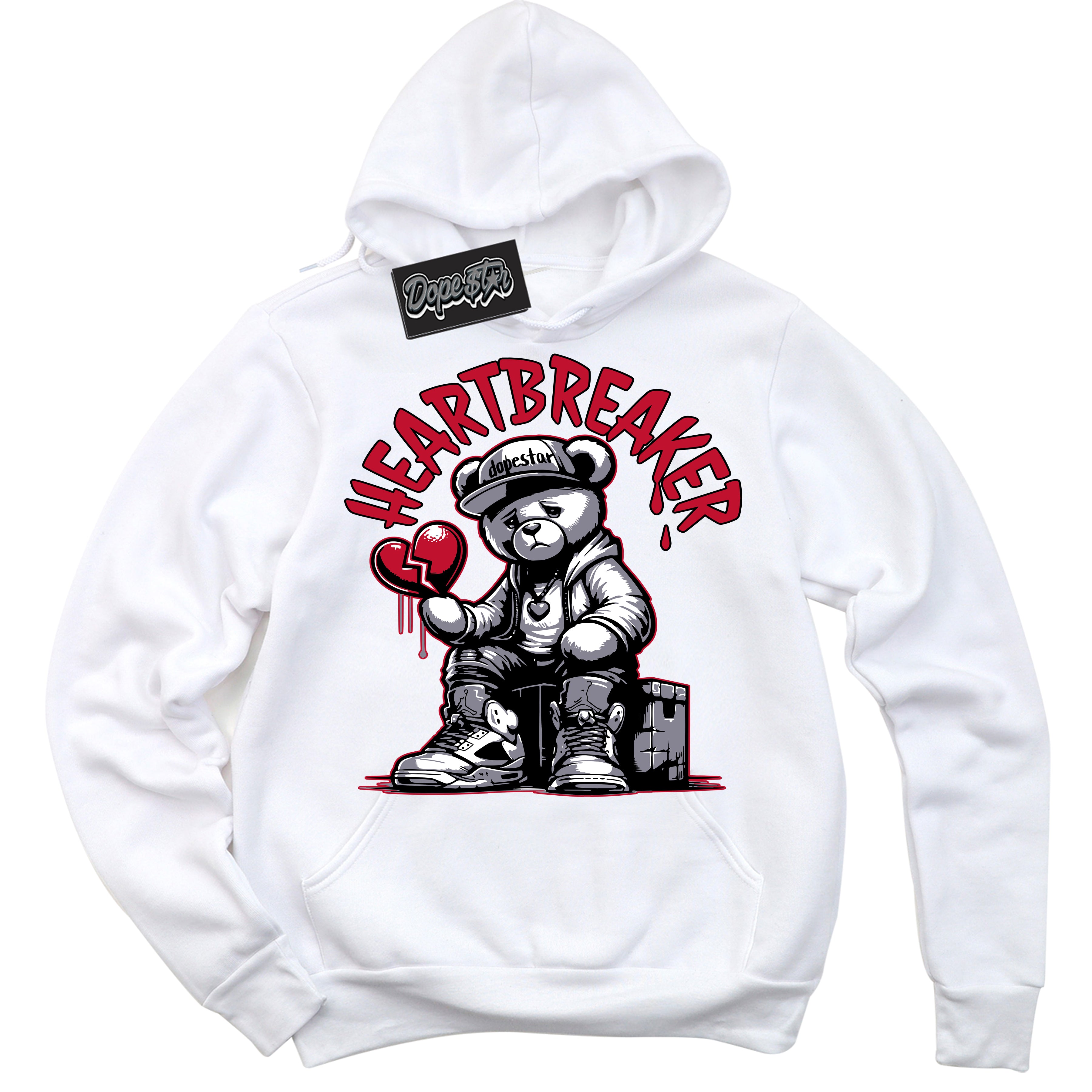 Cool White Hoodie with “ Heartbreaker Bear '' design that Perfectly Matches Cement Grey Fire Red 1s Sneakers.