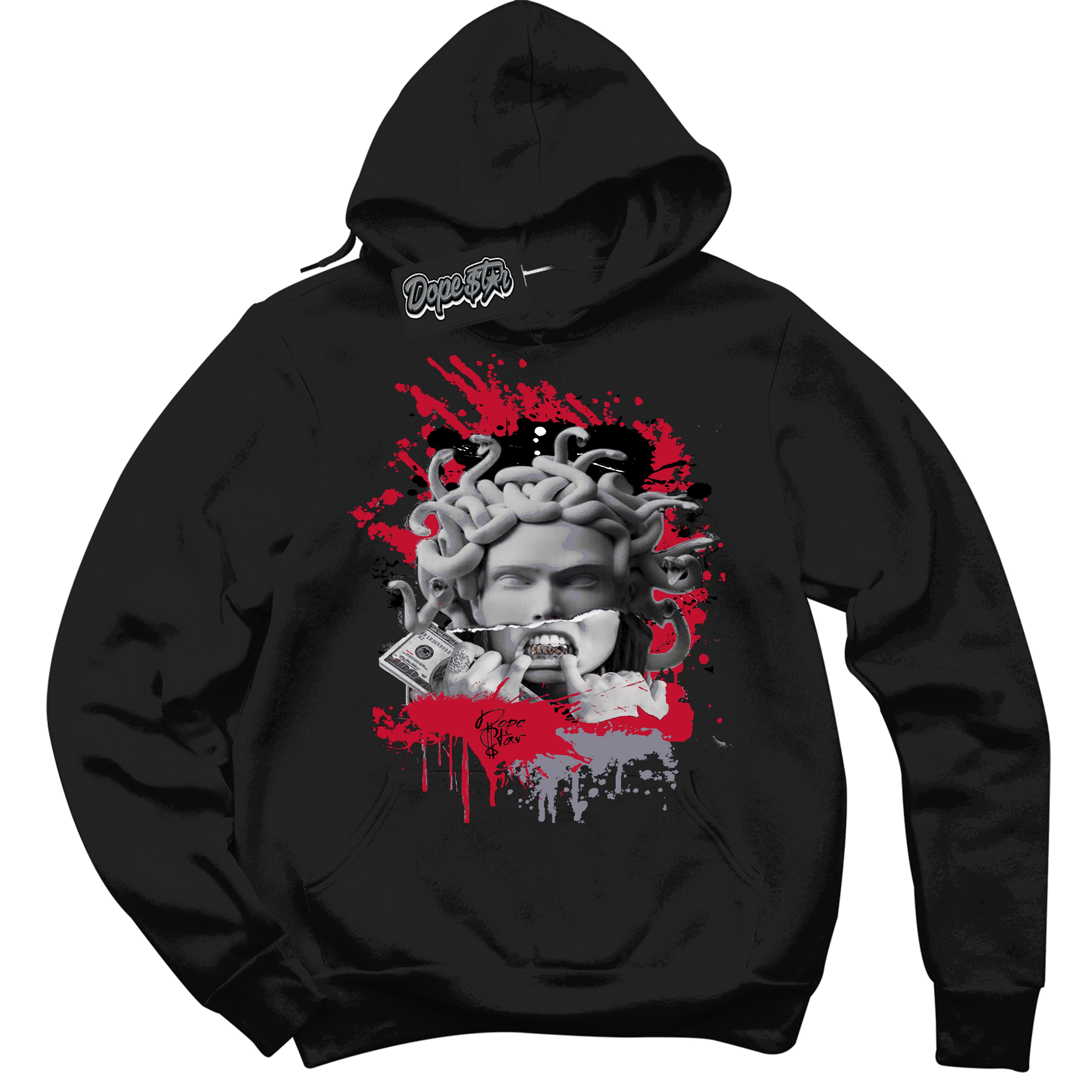 Cool Black Hoodie with “ Medusa '' design that Perfectly Matches Cement Grey Fire Red 1s Sneakers.