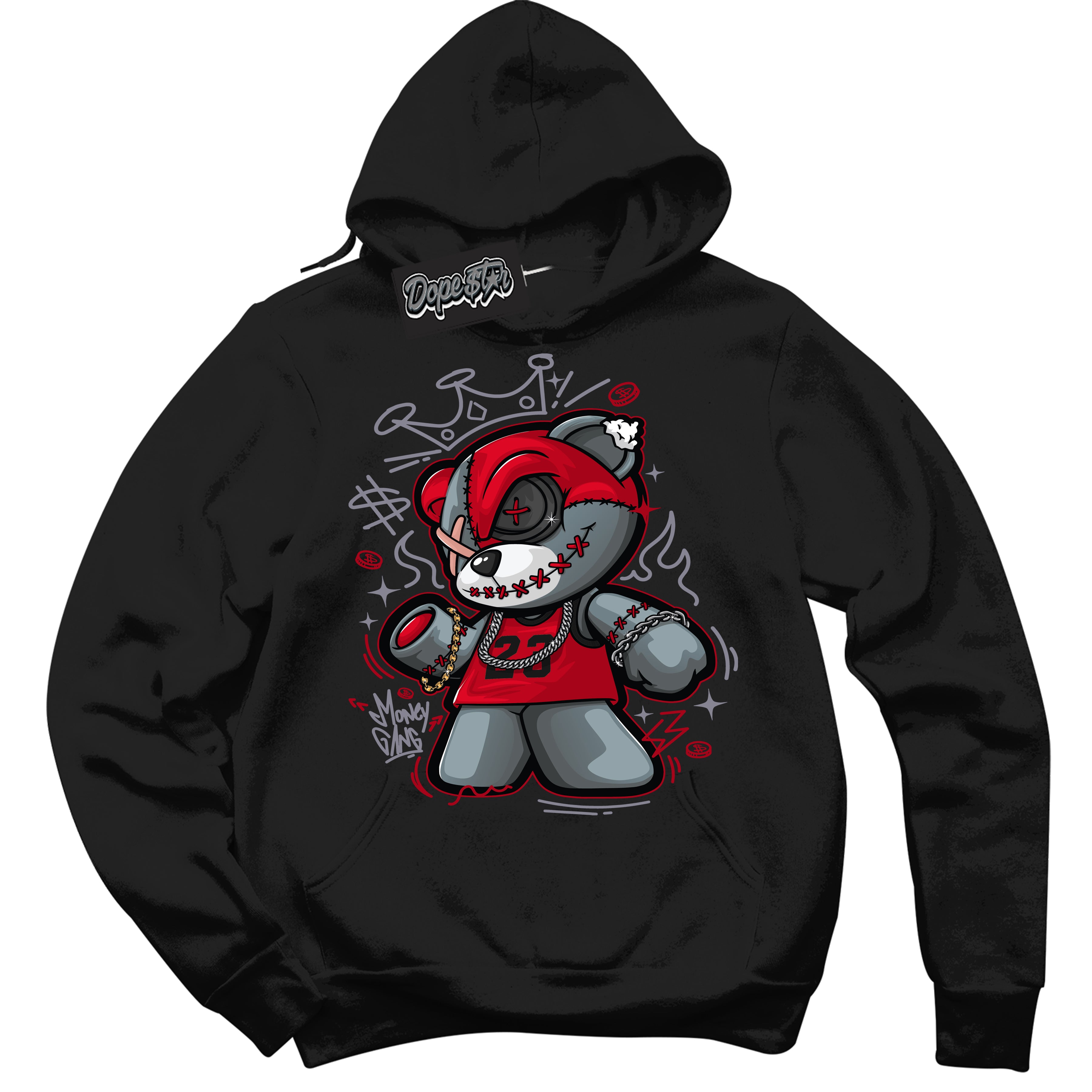Cool Black Hoodie with “ Money Gang Bear '' design that Perfectly Matches Cement Grey Fire Red 1s Sneakers.
