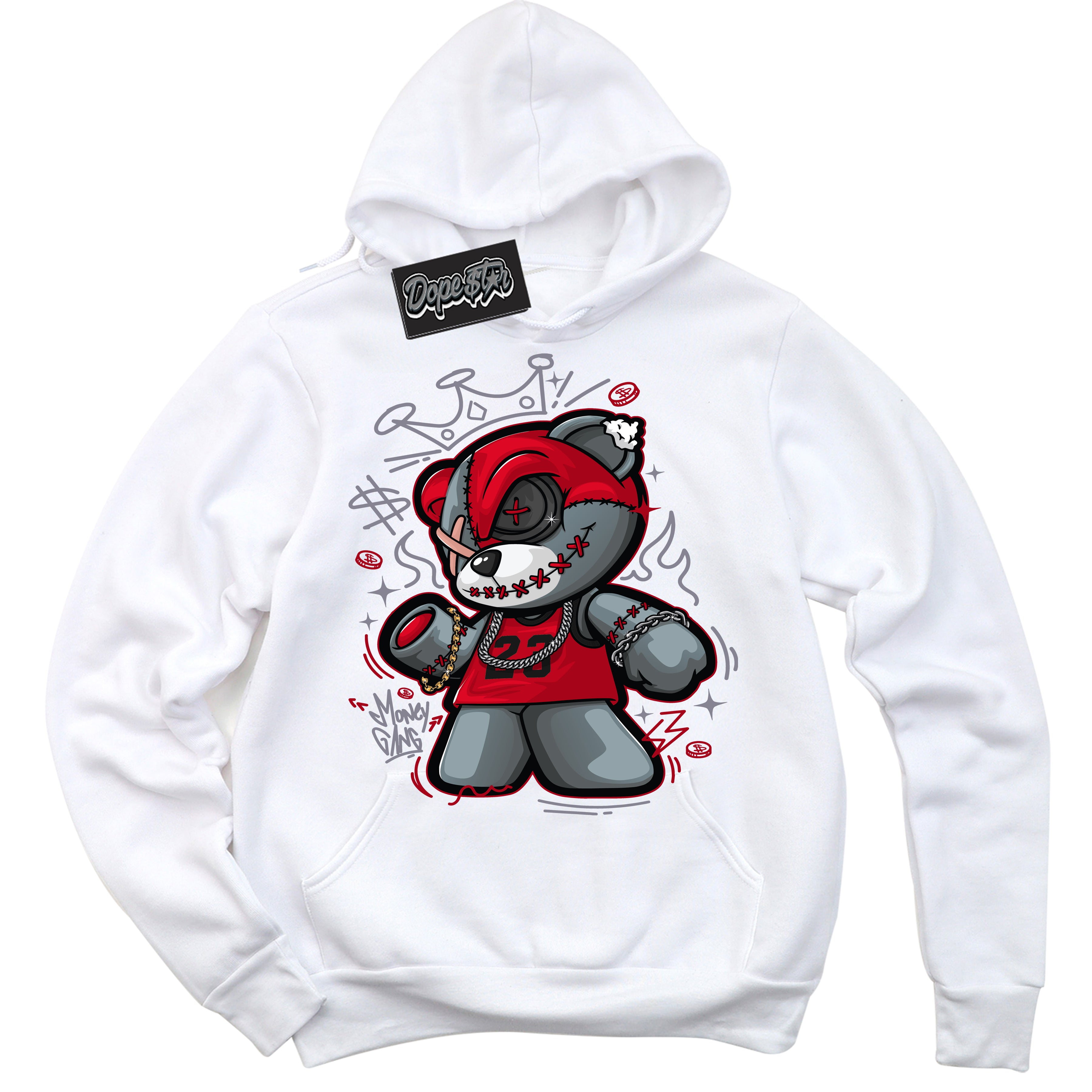 Cool White Hoodie with “ Money Gang Bear '' design that Perfectly Matches Cement Grey Fire Red 1s Sneakers.