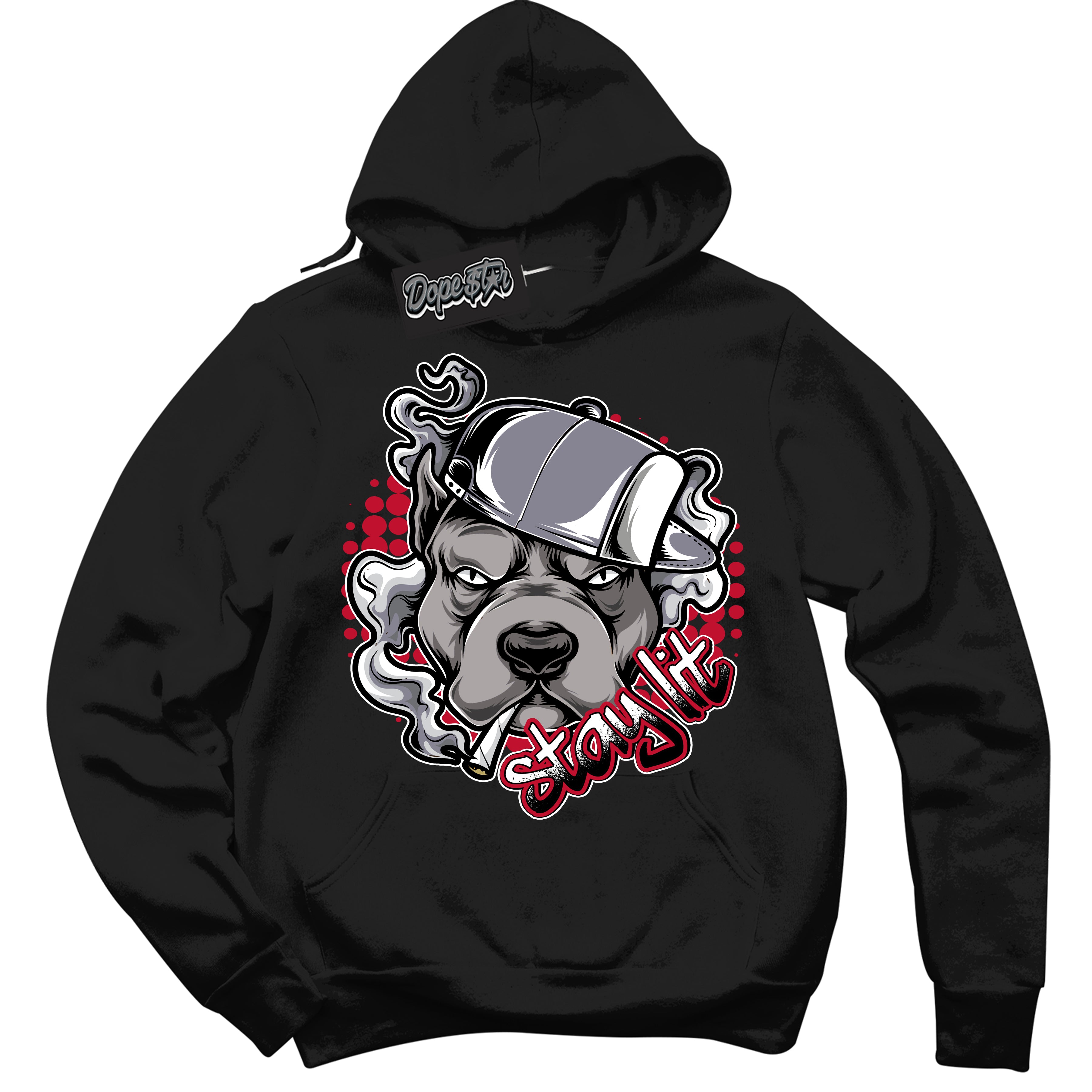 Cool Black Hoodie with “ Stay Lit '' design that Perfectly Matches Cement Grey Fire Red 1s Sneakers.