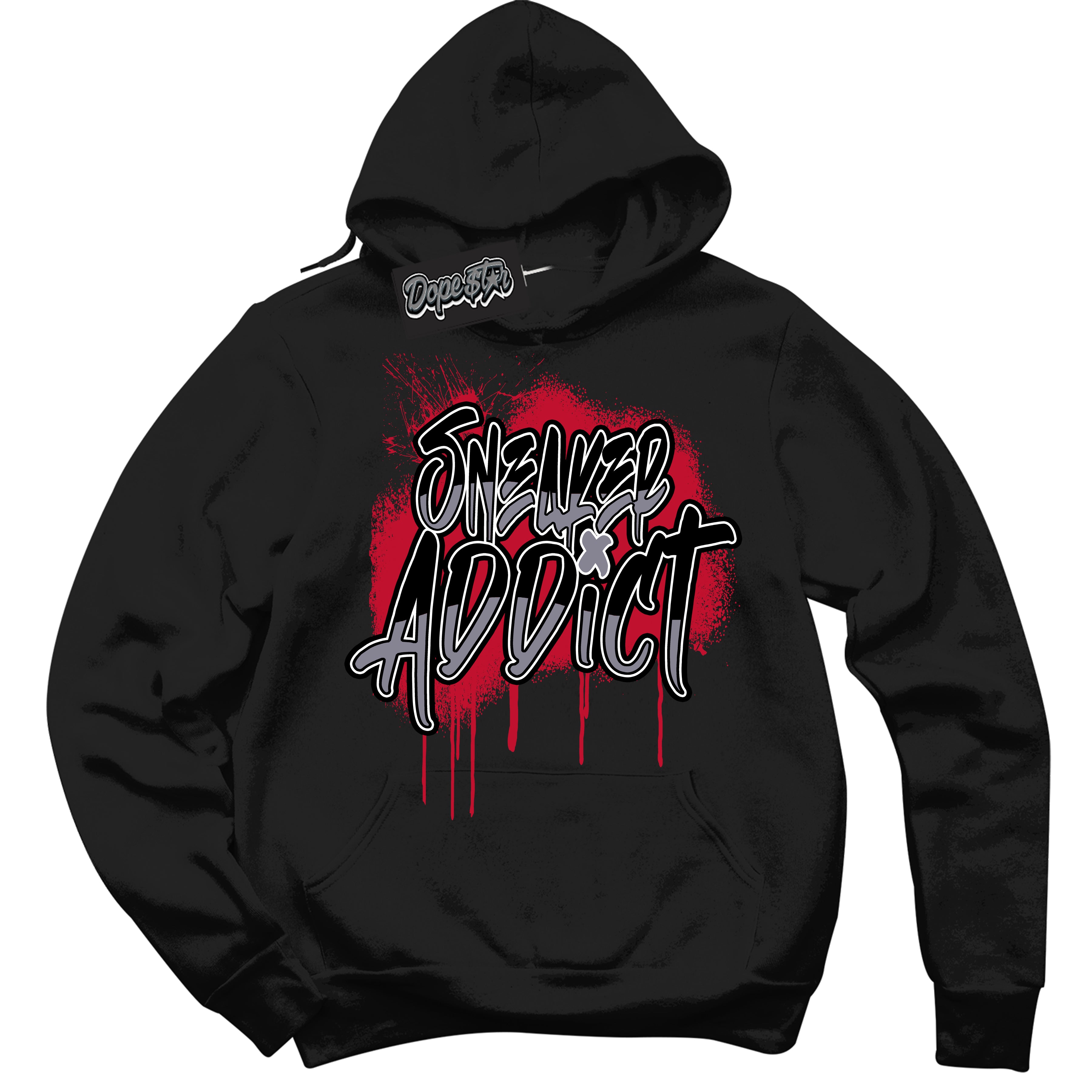 Cool Black Hoodie with “ Sneaker Addict '' design that Perfectly Matches Cement Grey Fire Red 1s Sneakers.