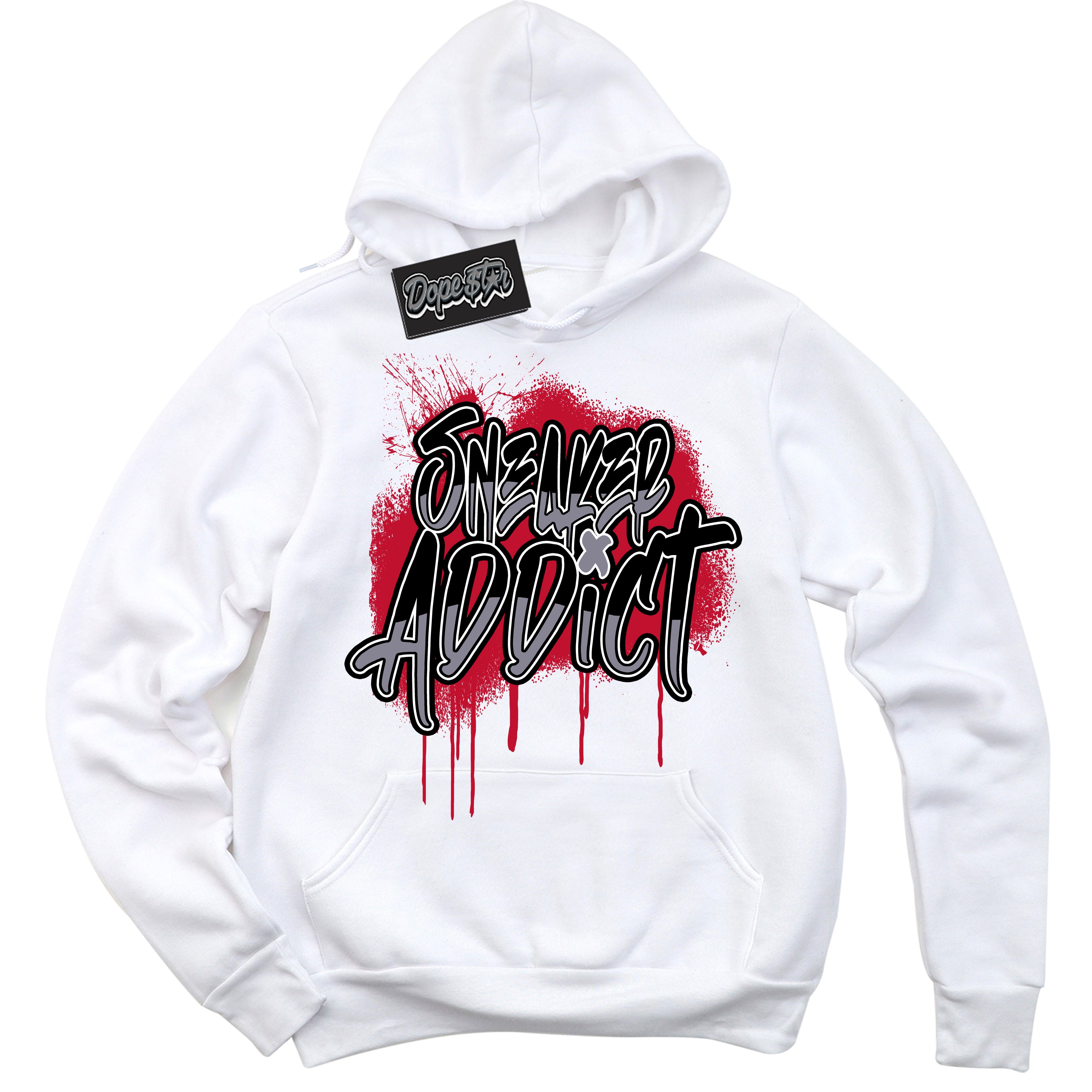 Cool White Hoodie with “ Sneaker Addict '' design that Perfectly Matches Cement Grey Fire Red 1s Sneakers.