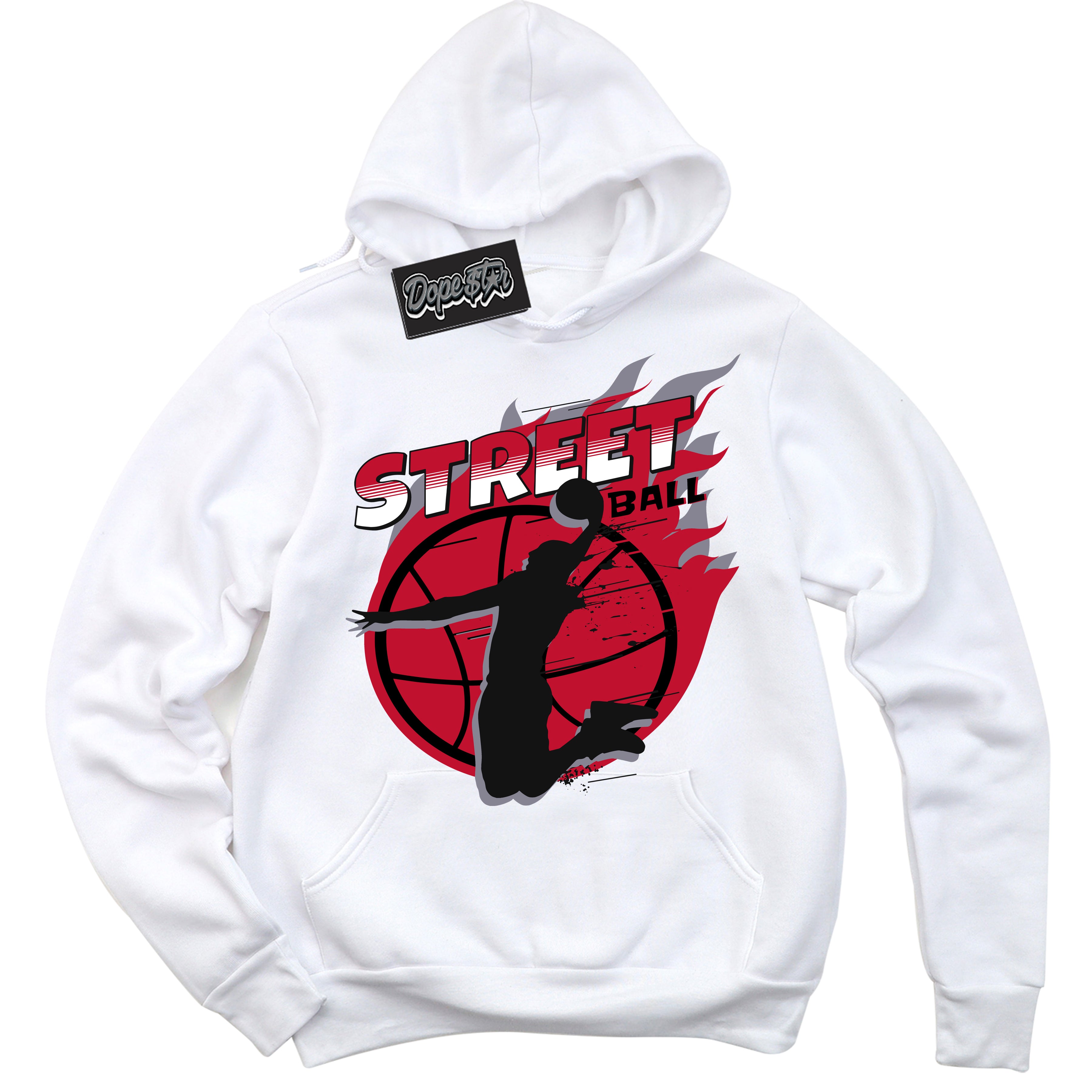 Cool White Hoodie with “ Street Ball '' design that Perfectly Matches Cement Grey Fire Red 1s Sneakers.
