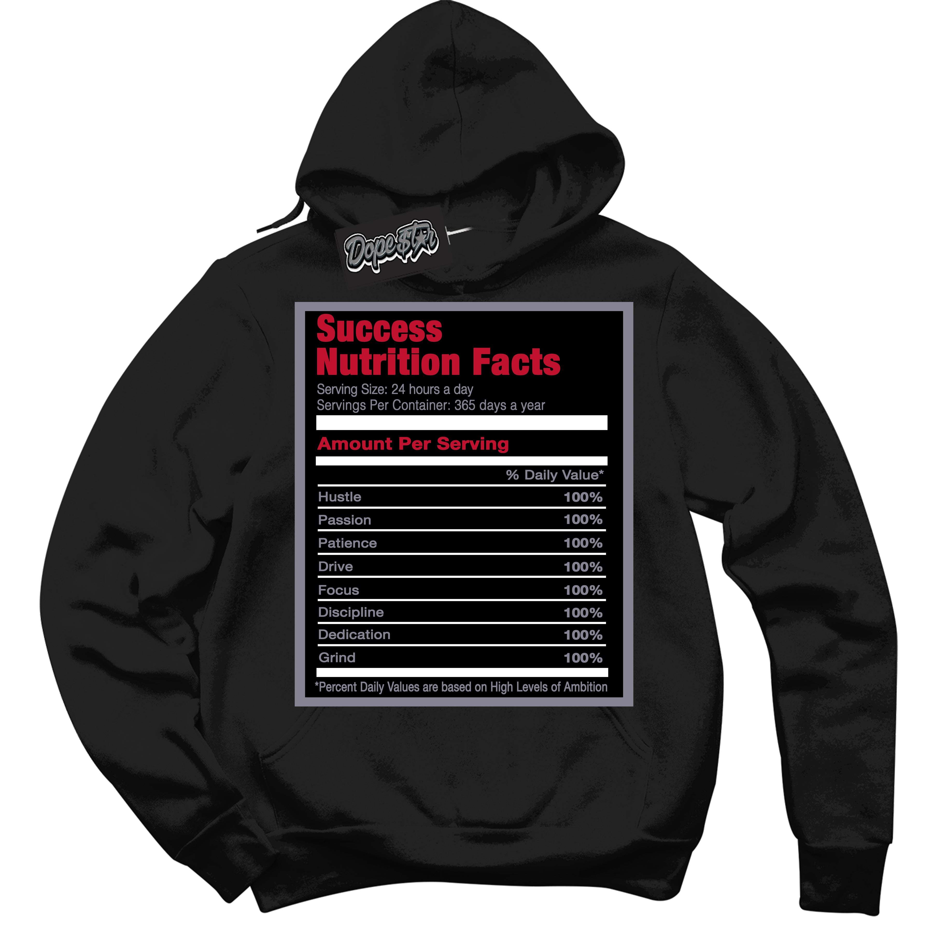 Cool Black Hoodie with “ Success Nutrition '' design that Perfectly Matches Cement Grey Fire Red 1s Sneakers.