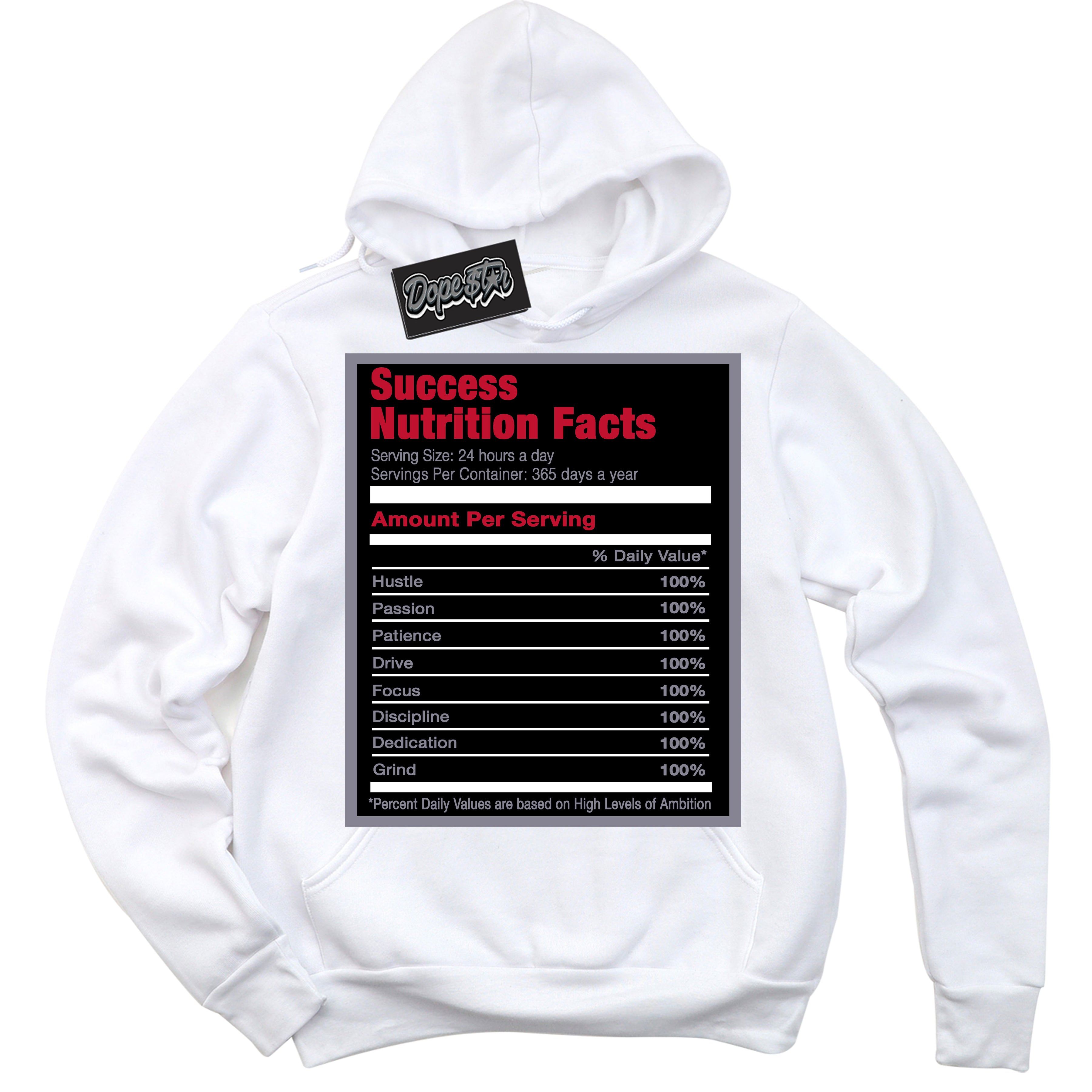 Cool White Hoodie with “ Success Nutrition '' design that Perfectly Matches Cement Grey Fire Red 1s Sneakers.