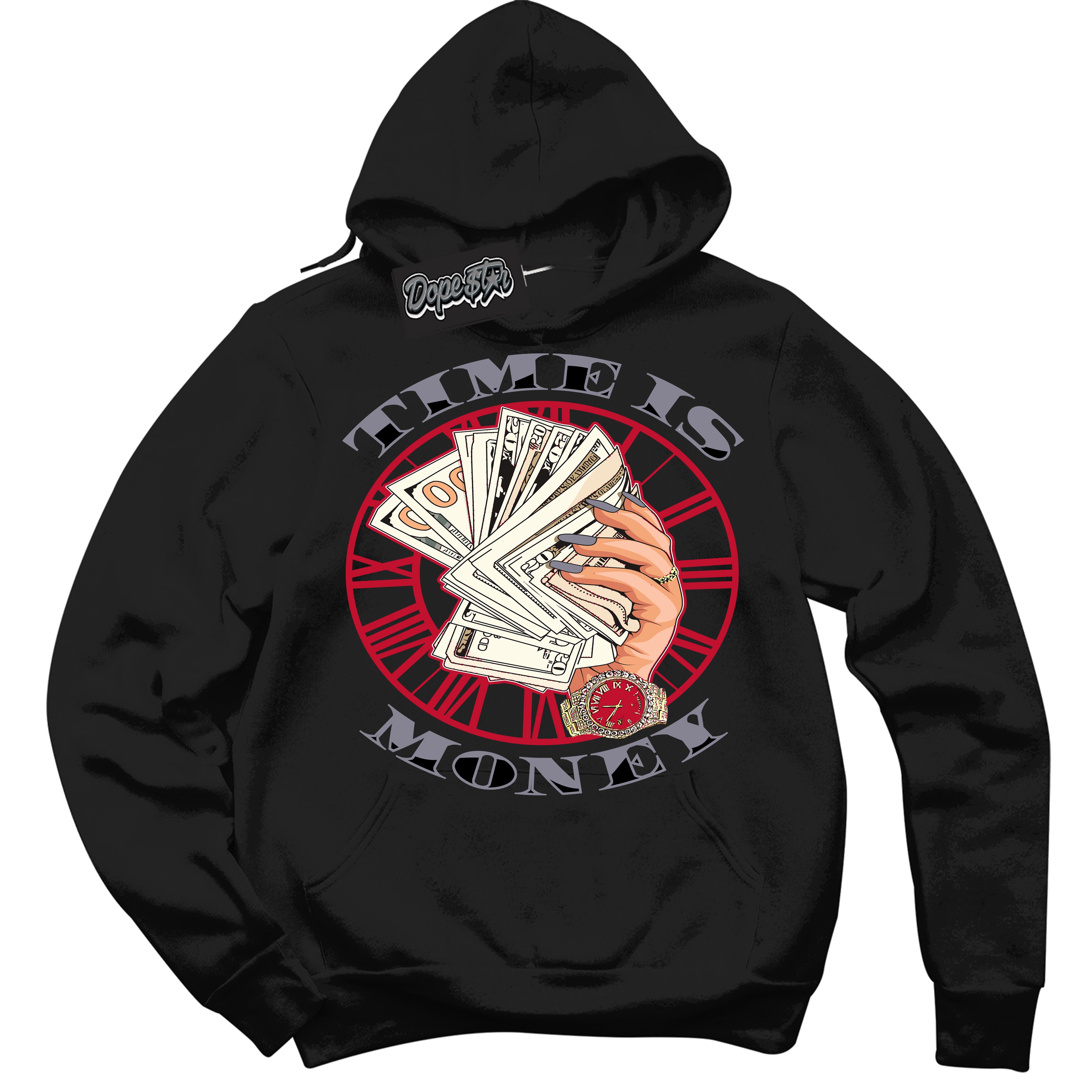 Cool Black Hoodie with “ Time Is Money '' design that Perfectly Matches Cement Grey Fire Red 1s Sneakers.