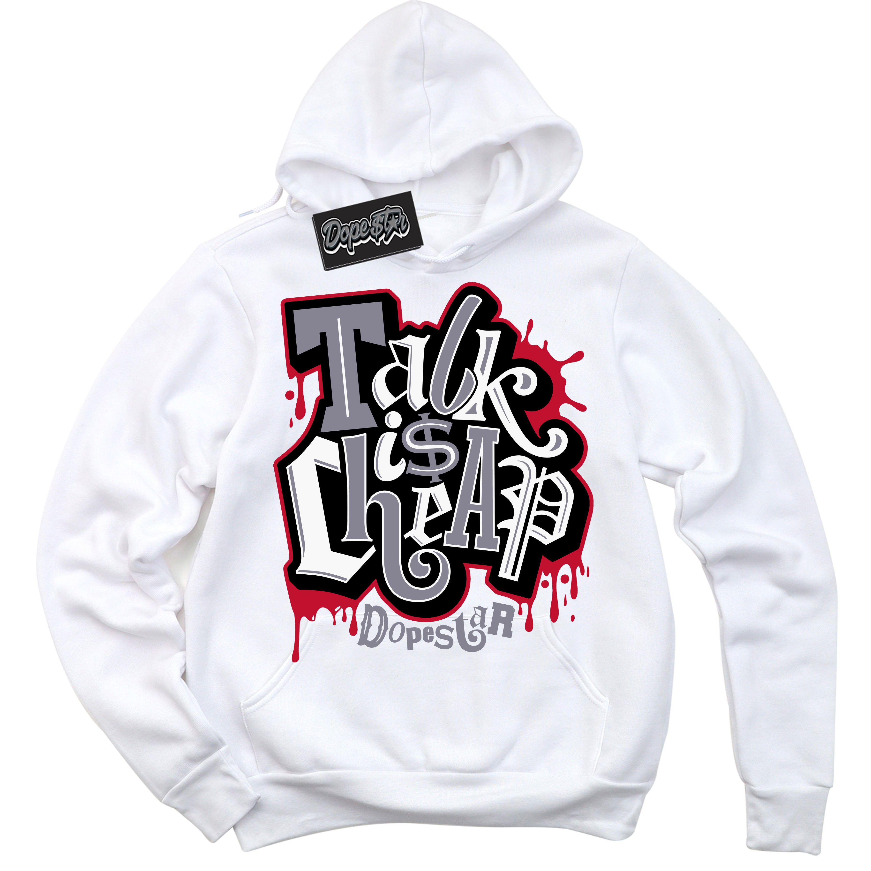 Cool White Hoodie with “ Talk Is Cheap '' design that Perfectly Matches Cement Grey Fire Red 1s Sneakers.