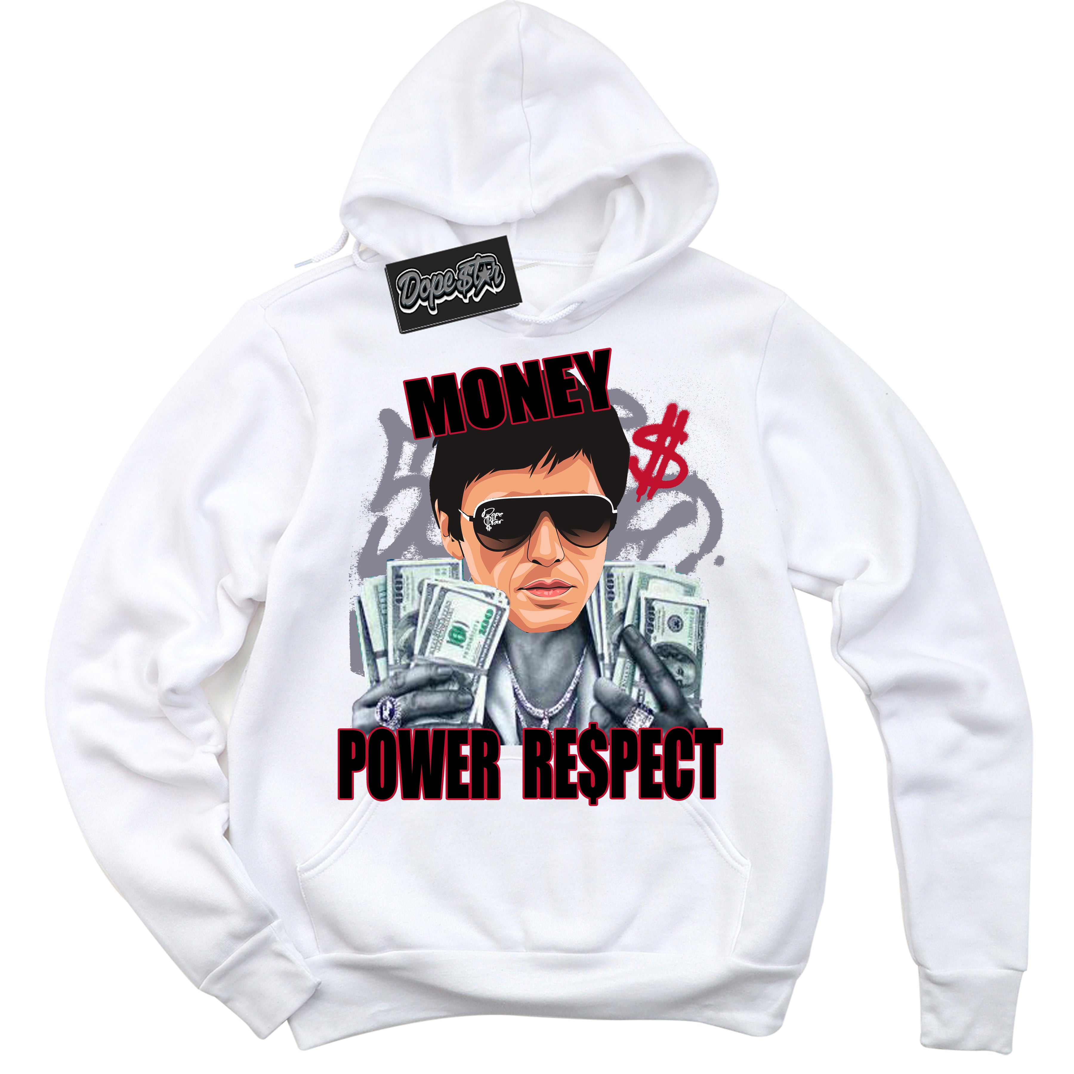 Cool White Hoodie with “ Tony Montana '' design that Perfectly Matches Cement Grey Fire Red 1s Sneakers.