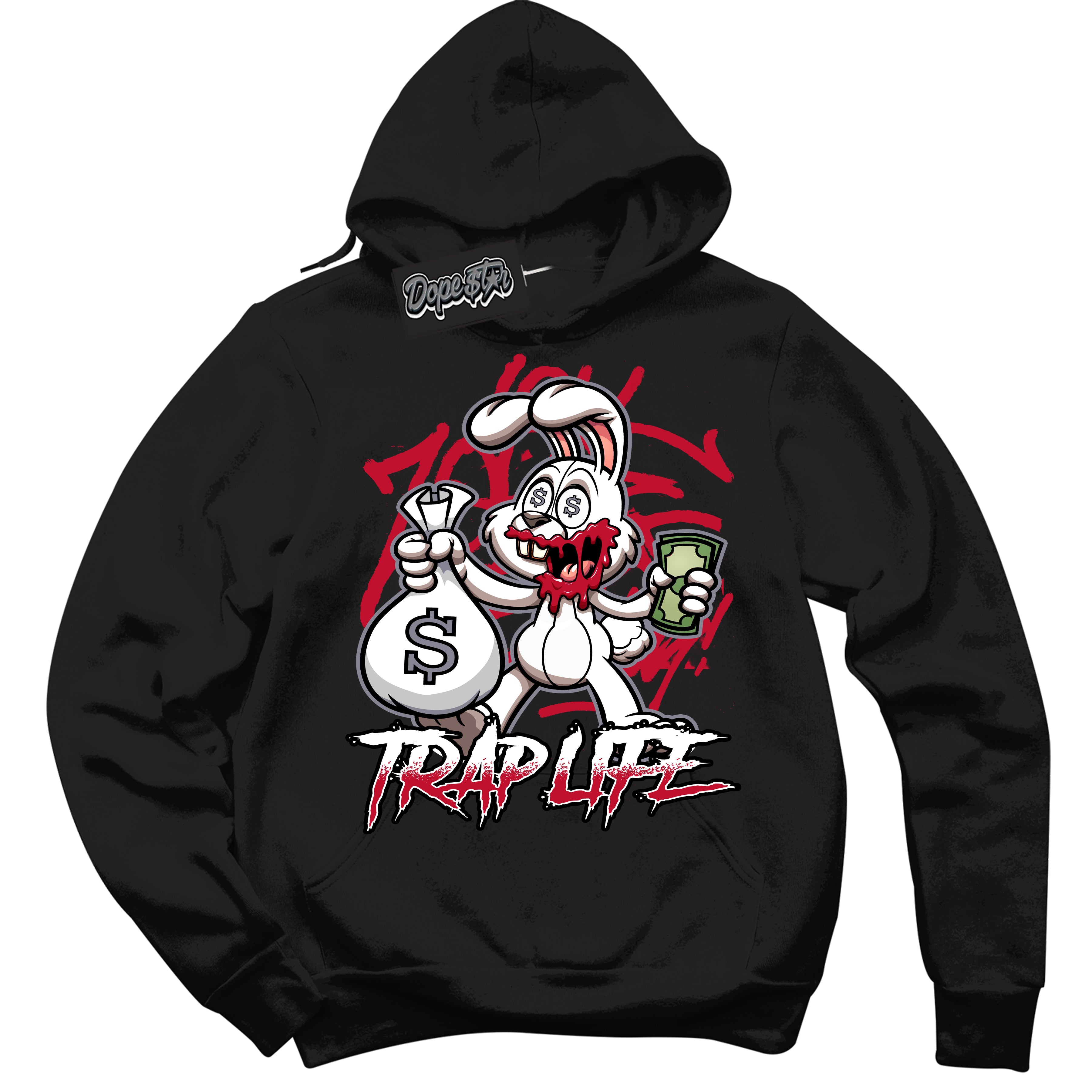Cool Black Hoodie with “ Trap Rabbit '' design that Perfectly Matches Cement Grey Fire Red 1s Sneakers.