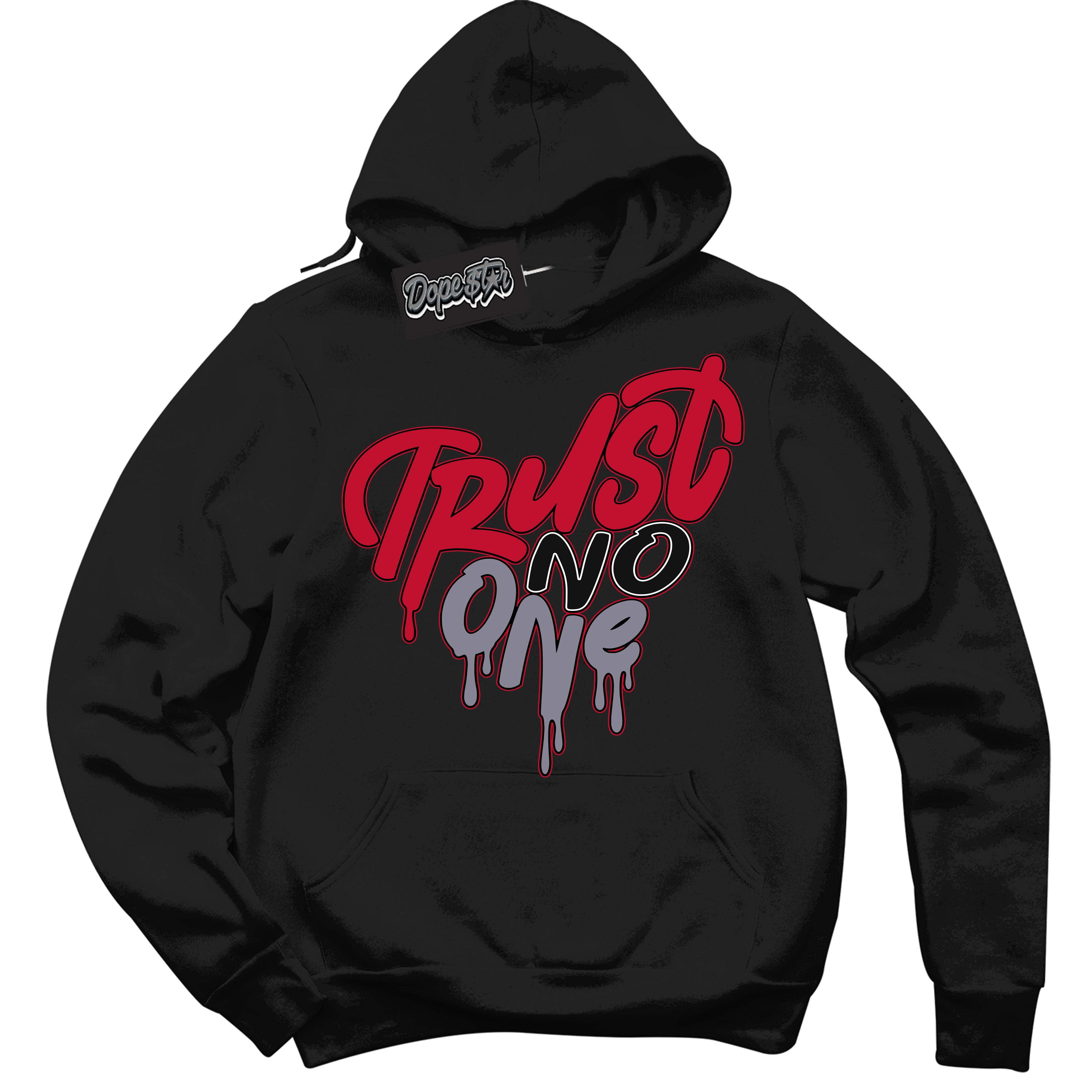 Cool Black Hoodie with “ Trust No One Heart '' design that Perfectly Matches Cement Grey Fire Red 1s Sneakers.