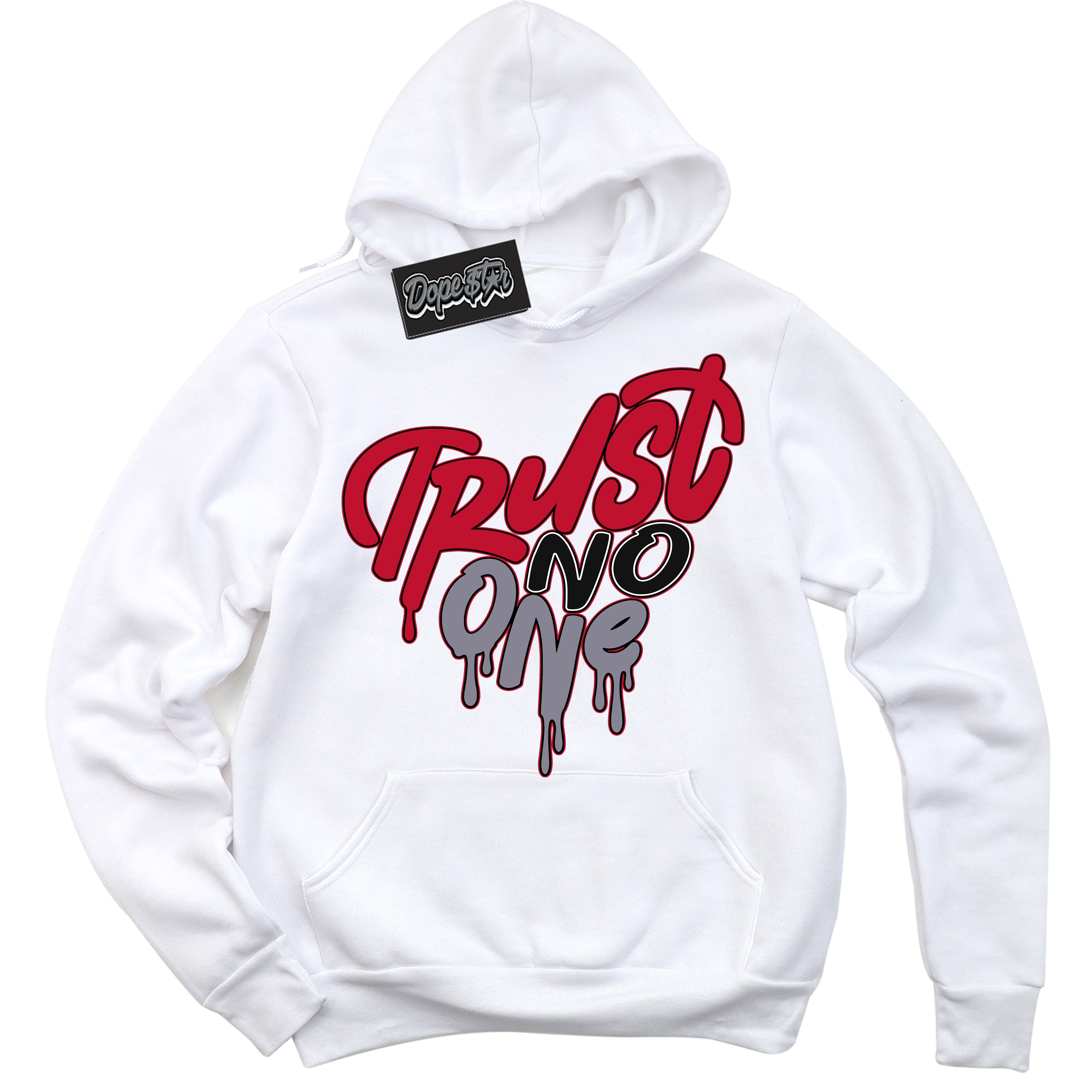 Cool White Hoodie with “ Trust No One Heart '' design that Perfectly Matches Cement Grey Fire Red 1s Sneakers.