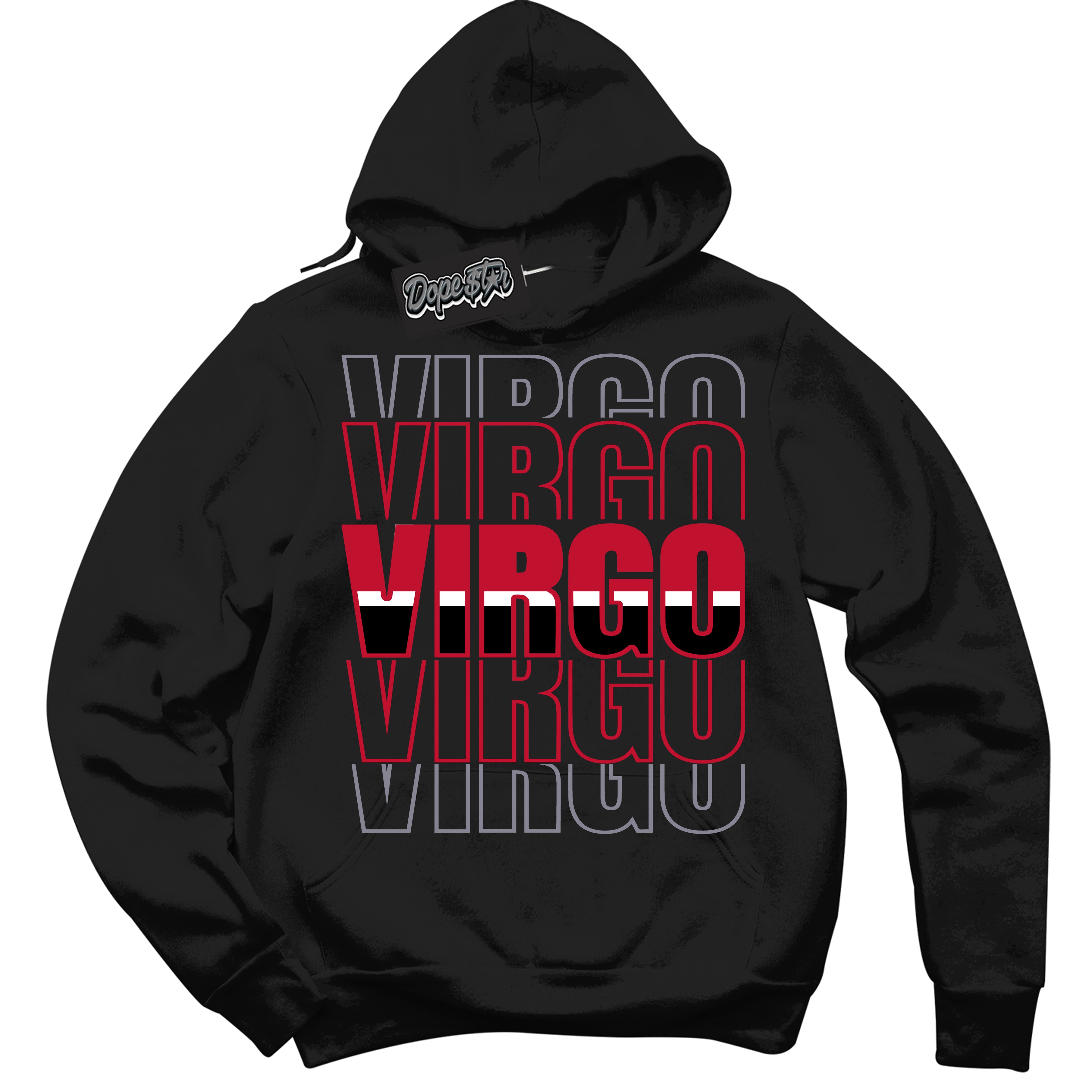Cool Black Hoodie with “ Virgo '' design that Perfectly Matches Cement Grey Fire Red 1s Sneakers.