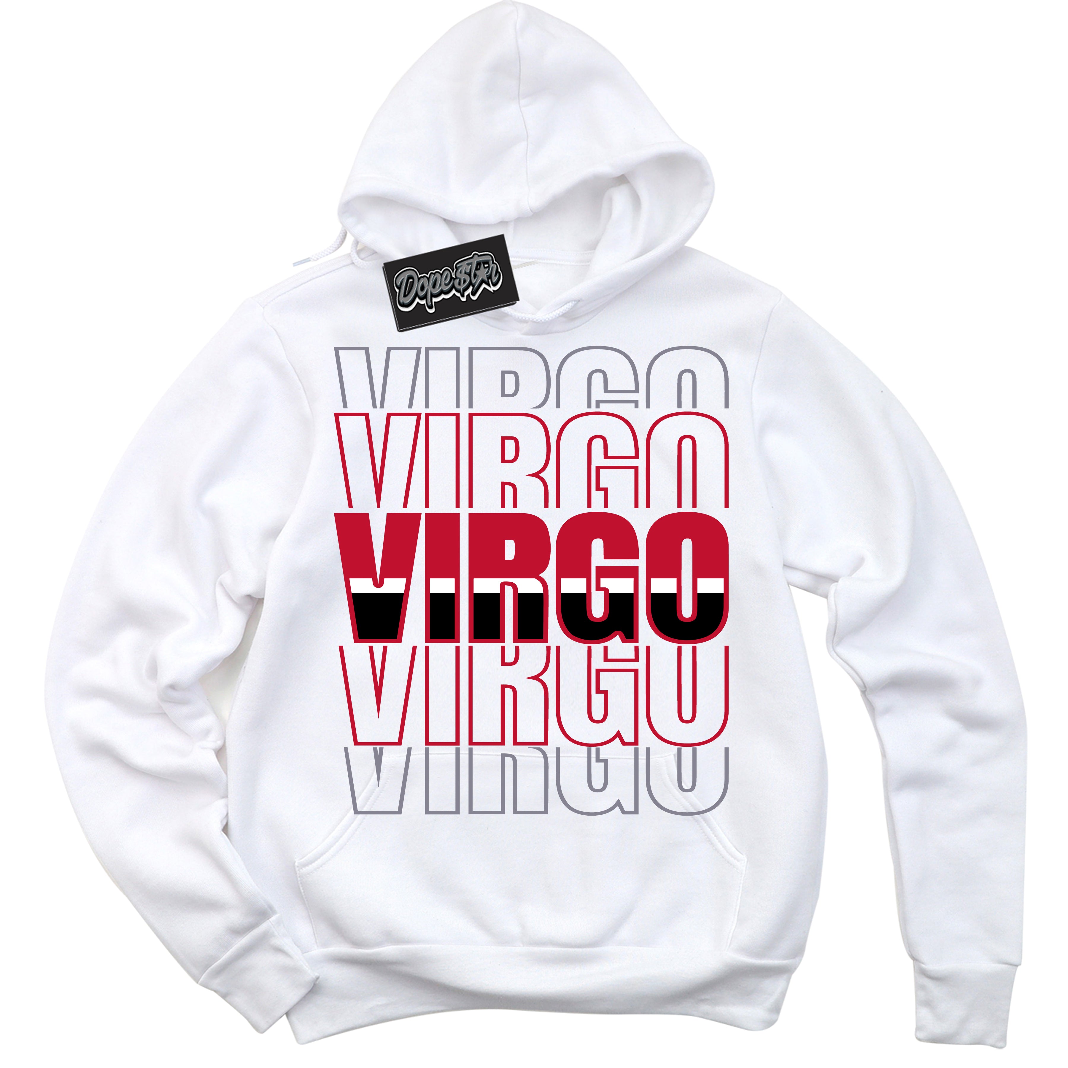Cool White Hoodie with “ Virgo '' design that Perfectly Matches Cement Grey Fire Red 1s Sneakers.