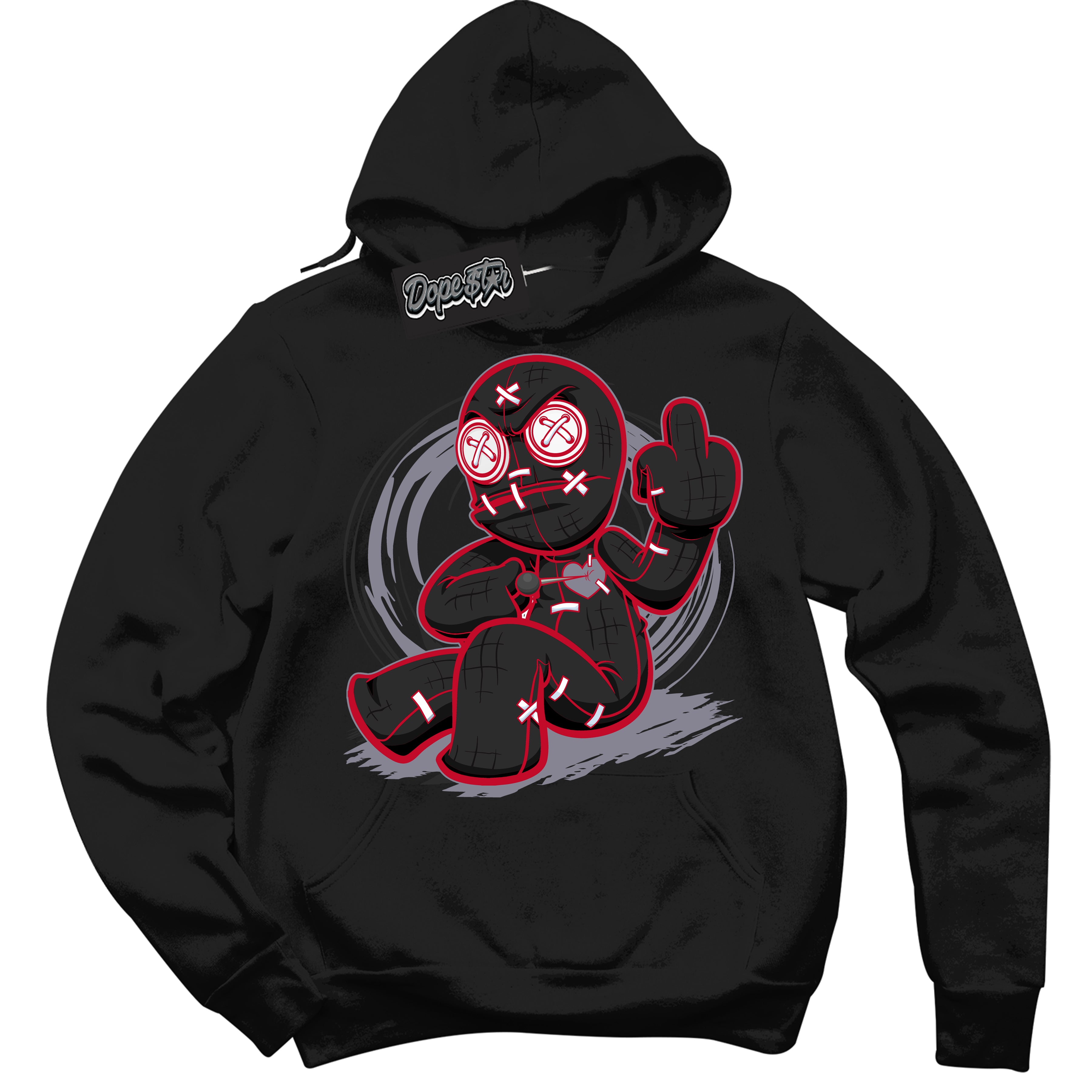 Cool Black Hoodie with “ Voodoo Doll '' design that Perfectly Matches Cement Grey Fire Red 1s Sneakers.