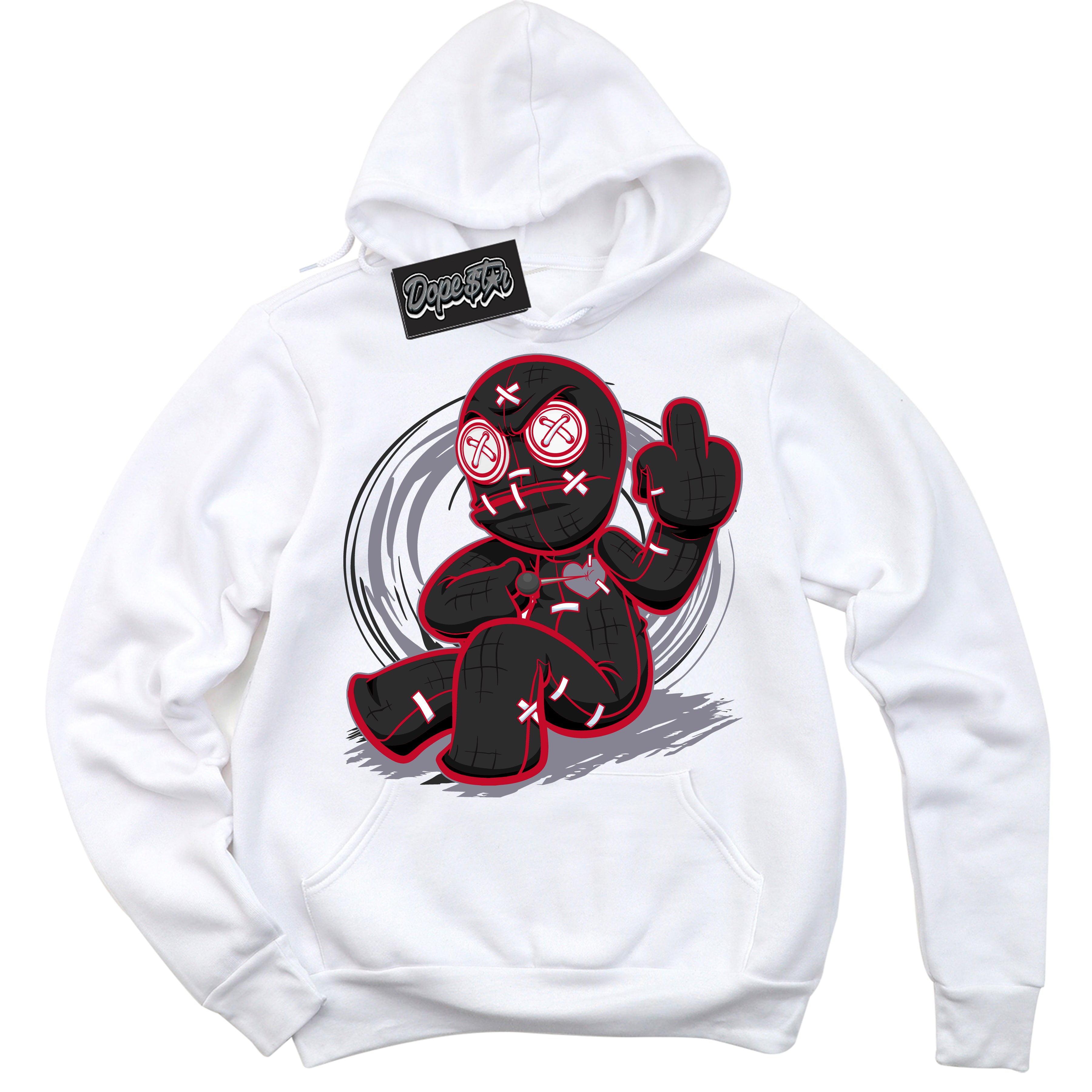 Cool White Hoodie with “ Voodoo Doll '' design that Perfectly Matches Cement Grey Fire Red 1s Sneakers.
