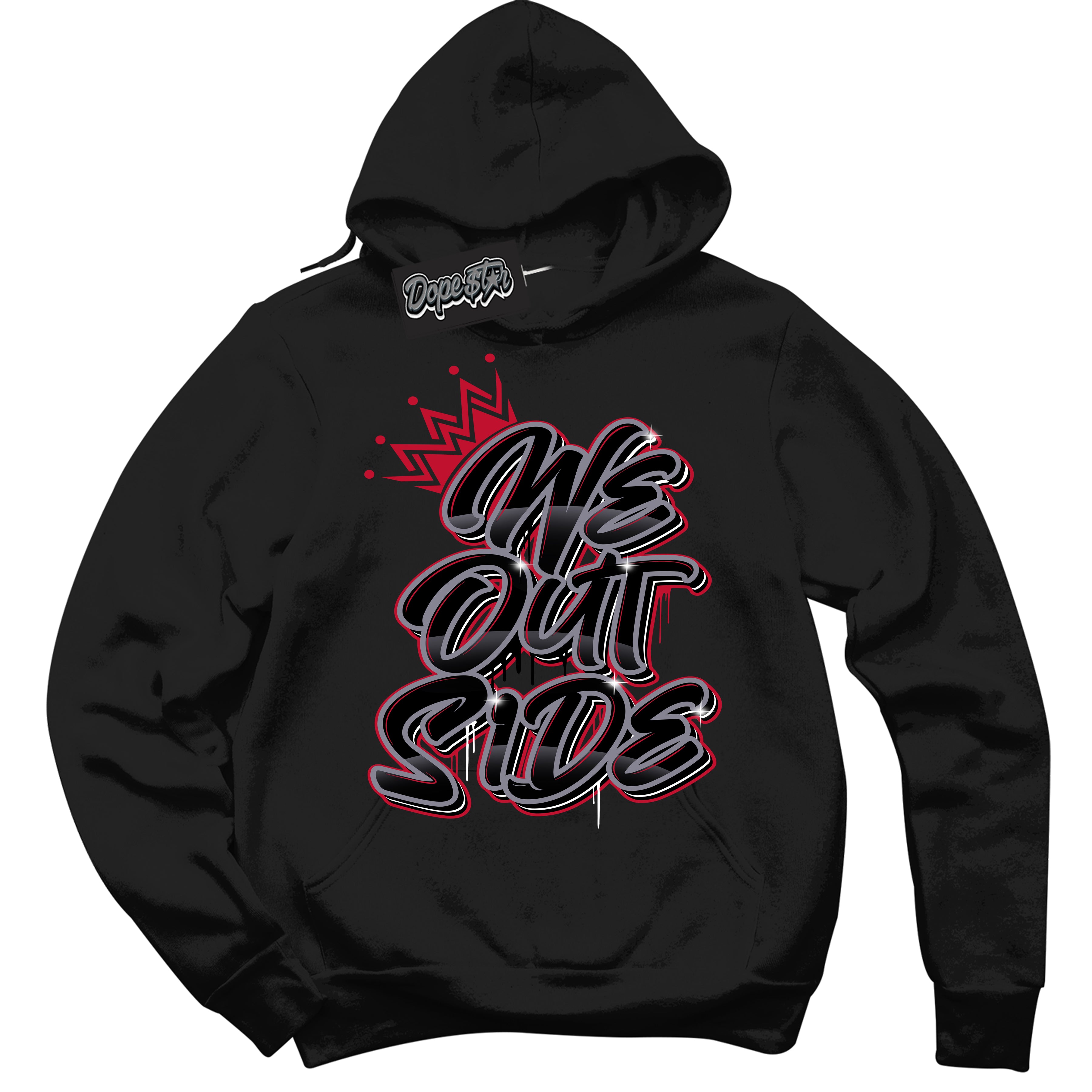 Cool Black Hoodie with “ We Outside '' design that Perfectly Matches Cement Grey Fire Red 1s Sneakers.