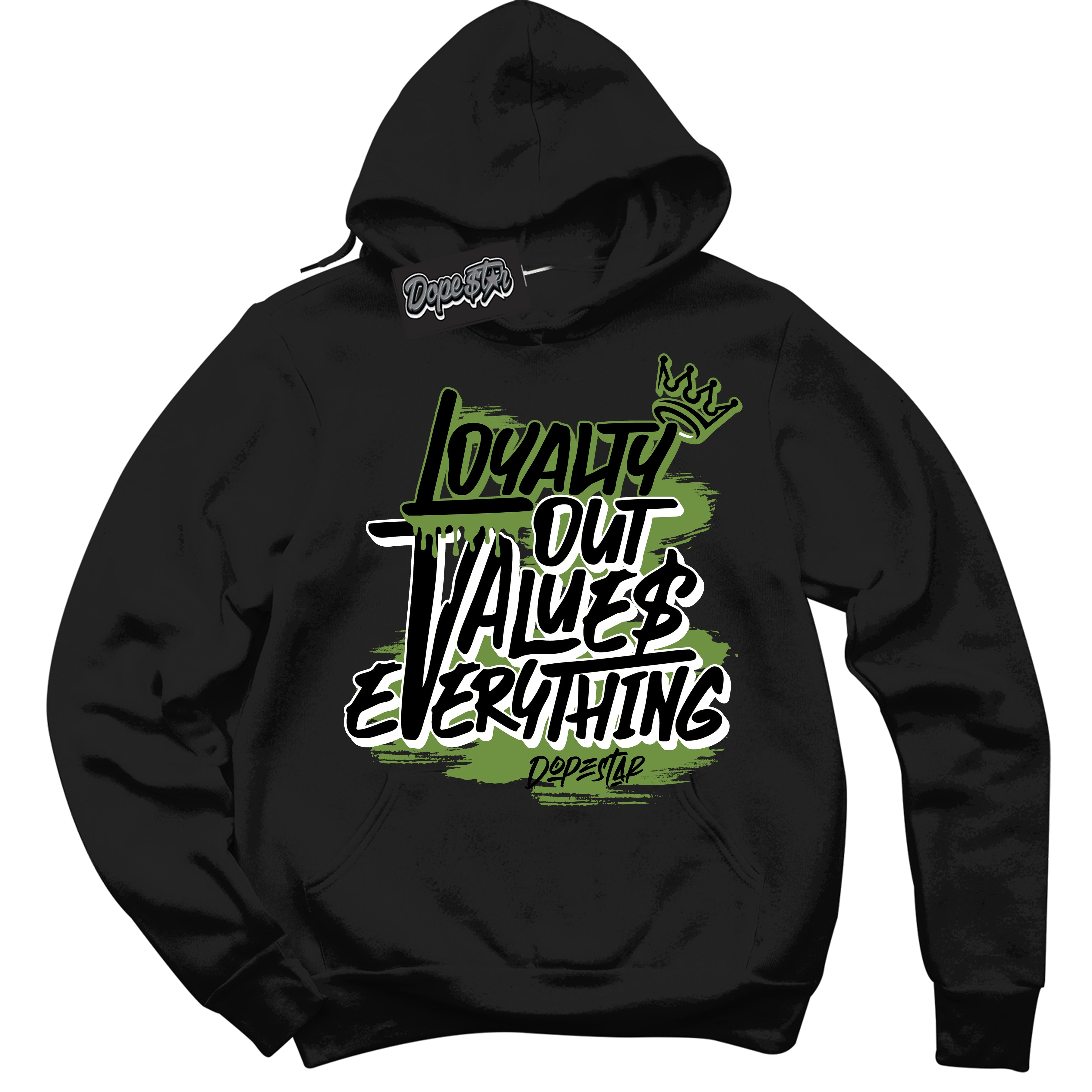 Cool Black Hoodie with “ Loyalty Out Values Everything ” design that Perfectly Matches Altitude Green 1s Sneakers.
