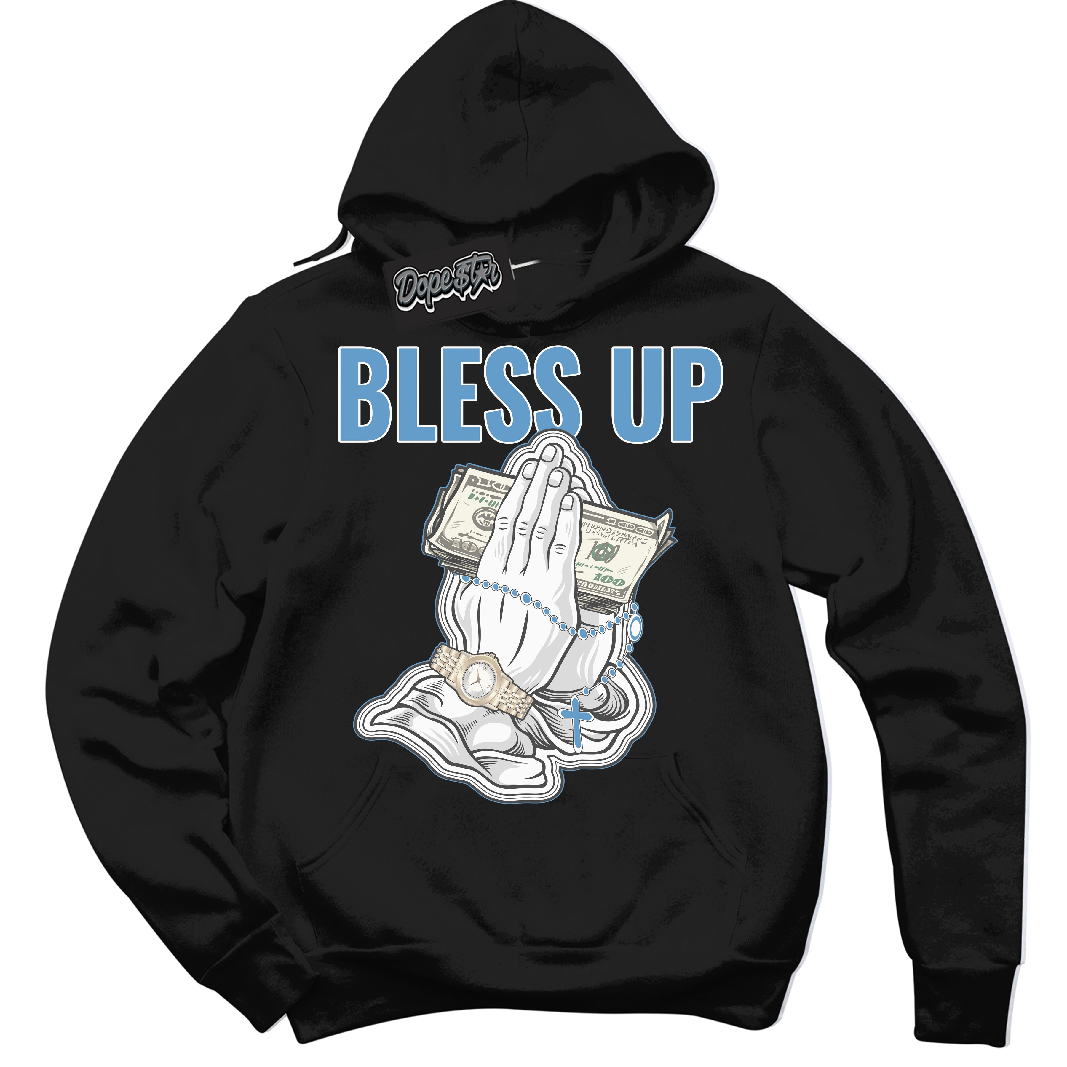 AJ1 Mid Legend Blue ‘Bless Up’ – Black Streetwear Hoodie | Sneaker Matching sweatshirt for AJ1 Mid Legend Blue | Men's and Women's Streetwear Graphic Hoodie by Sneaker Shirts Outlet.