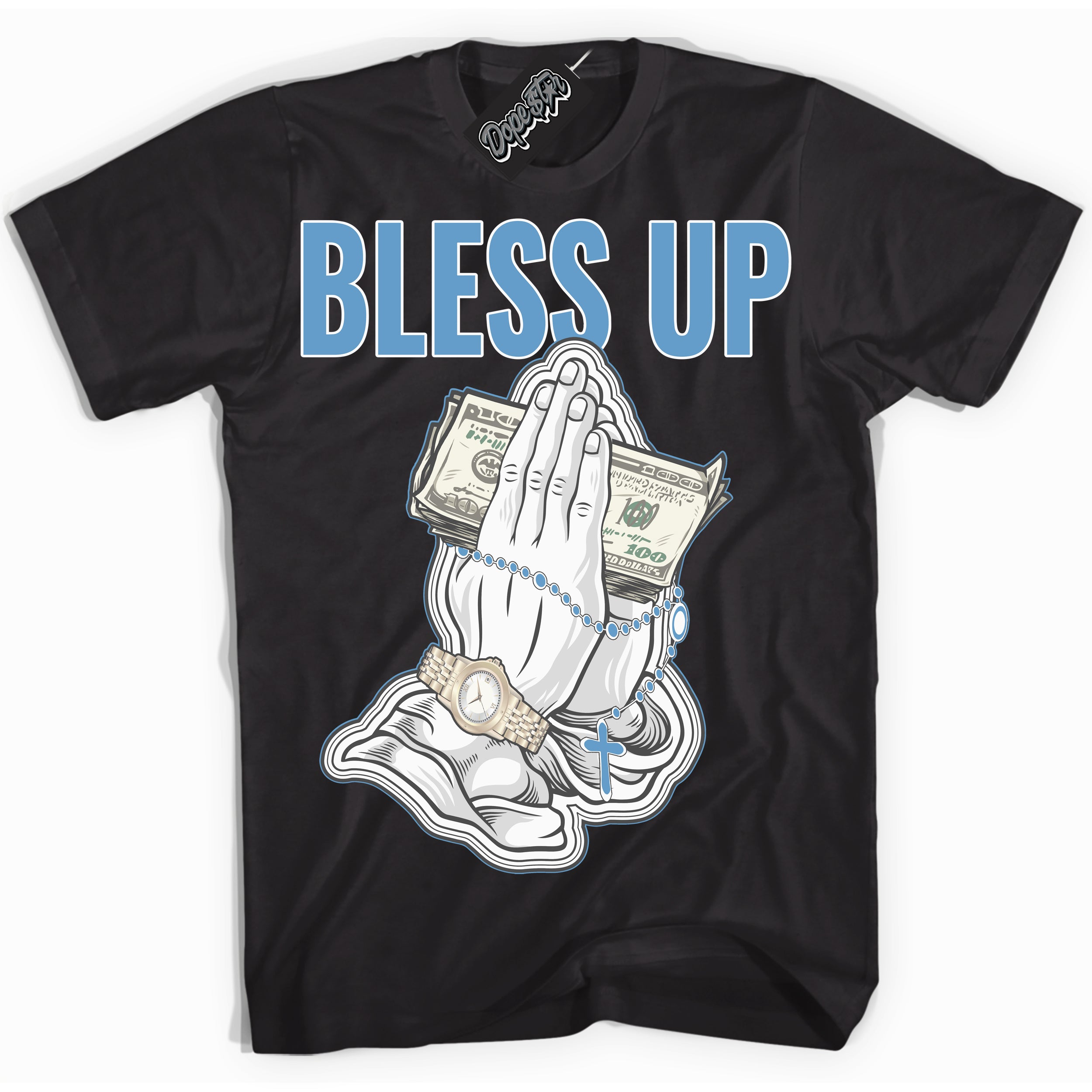 AJ1 Mid Legend Blue ‘Bless Up’ – Black Streetwear T-Shirt | Sneaker Matching shirt for AJ1 Mid Legend Blue | Men's and Women's Streetwear Graphic Tee by Sneaker Shirts Outlet.