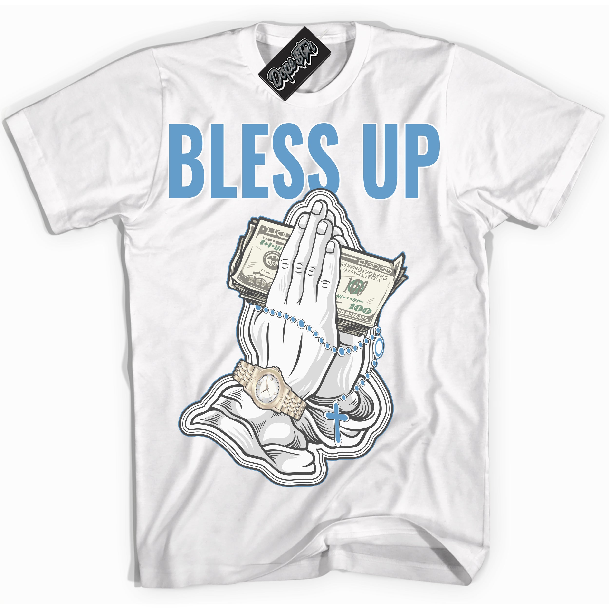 AJ1 Mid Legend Blue ‘Bless Up’ – White Streetwear T-Shirt | Sneaker Matching shirt for AJ1 Mid Legend Blue | Men's and Women's Streetwear Graphic Tee by Sneaker Shirts Outlet.