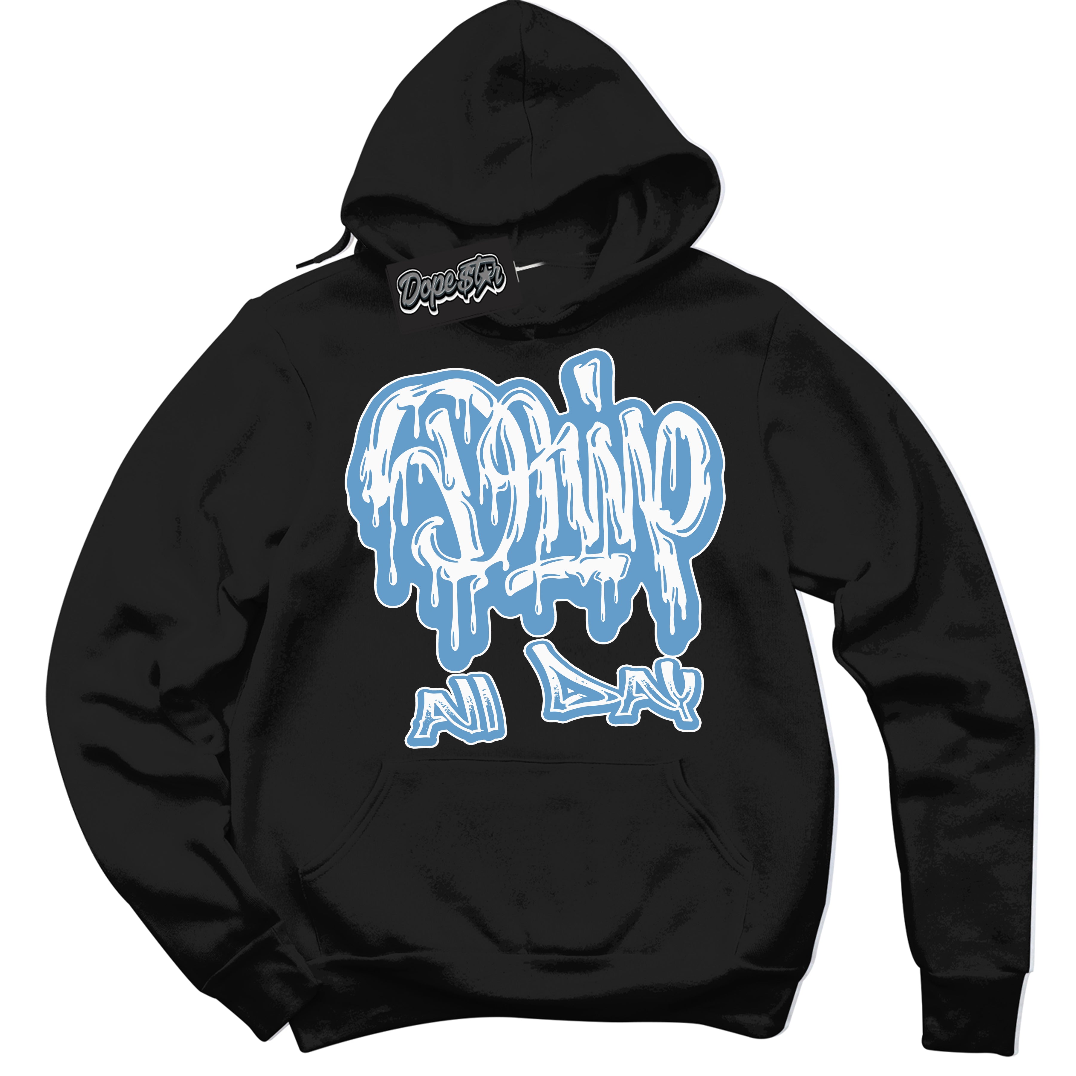 AJ1 Mid Legend Blue ‘Drip All Day’ – Black Streetwear Hoodie | Sneaker Matching sweatshirt for AJ1 Mid Legend Blue | Men's and Women's Streetwear Graphic Hoodie by Sneaker Shirts Outlet.