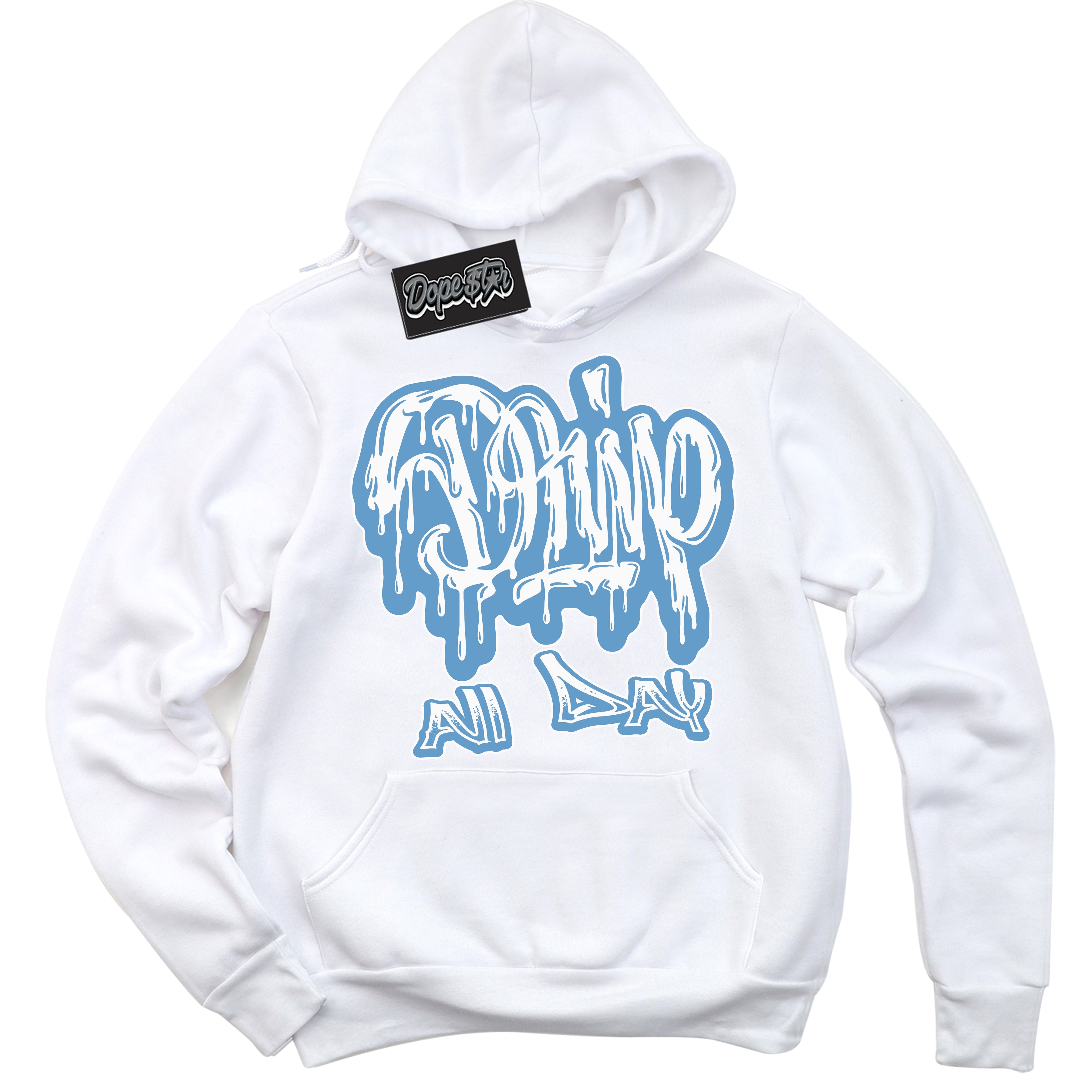 AJ1 Mid Legend Blue ‘Drip All Day’ – White Streetwear Hoodie | Sneaker Matching sweatshirt for AJ1 Mid Legend Blue | Men's and Women's Streetwear Graphic Hoodie by Sneaker Shirts Outlet.
