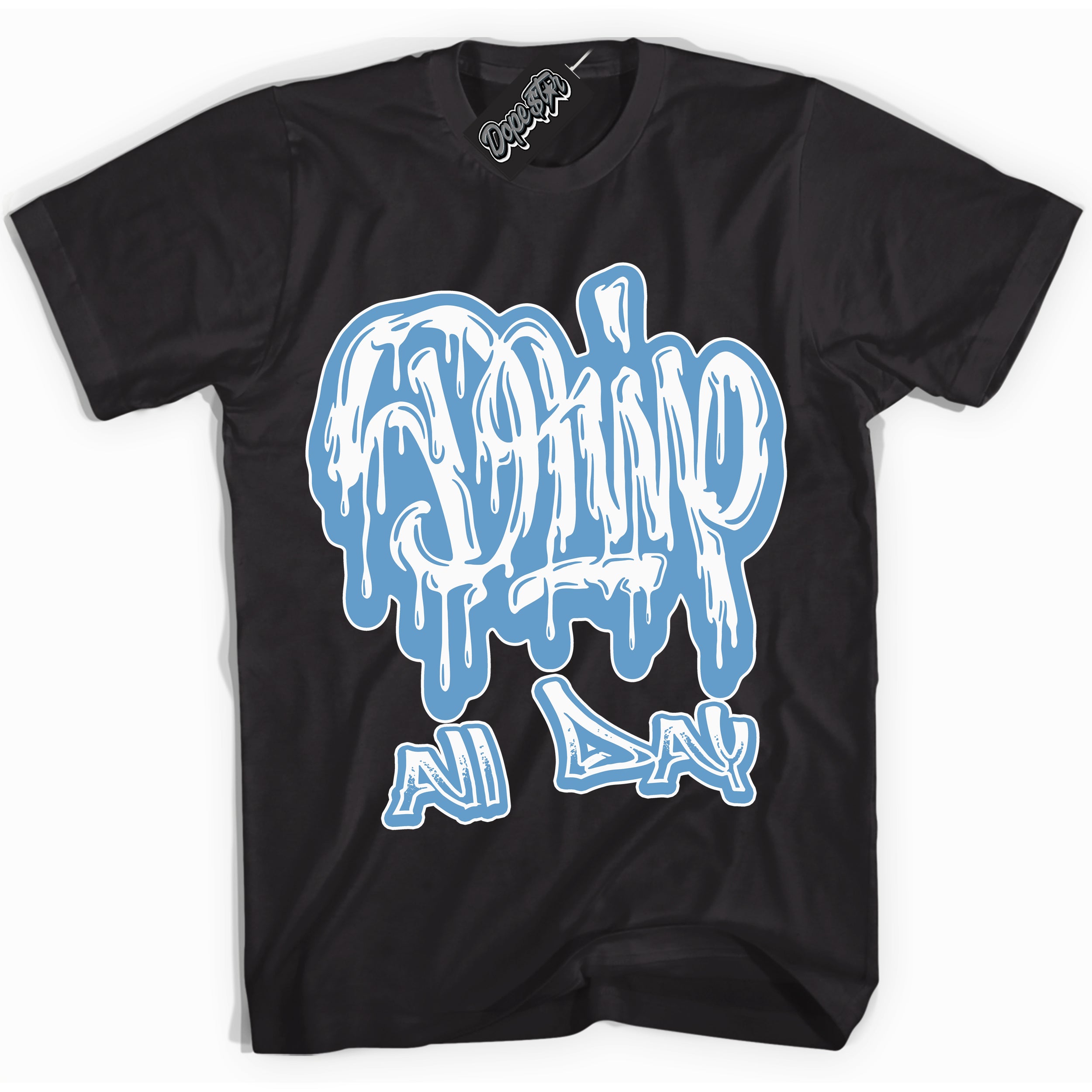 AJ1 Mid Legend Blue ‘Drip All Day’ – Black Streetwear T-Shirt | Sneaker Matching shirt for AJ1 Mid Legend Blue | Men's and Women's Streetwear Graphic Tee by Sneaker Shirts Outlet.