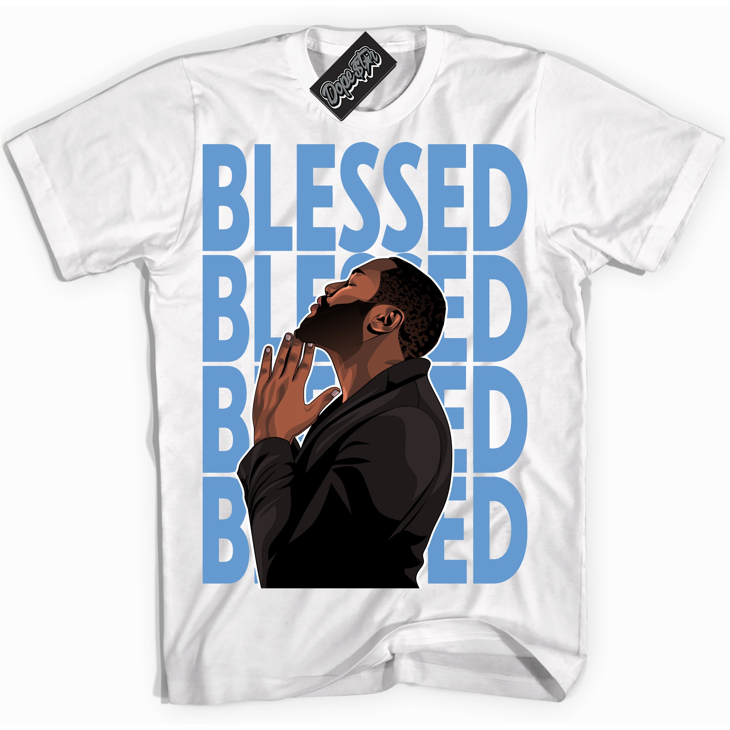 AJ1 Mid Legend Blue ‘God Blessed’ – White Streetwear T-Shirt | Sneaker Matching shirt for AJ1 Mid Legend Blue | Men's and Women's Streetwear Graphic Tee by Sneaker Shirts Outlet.