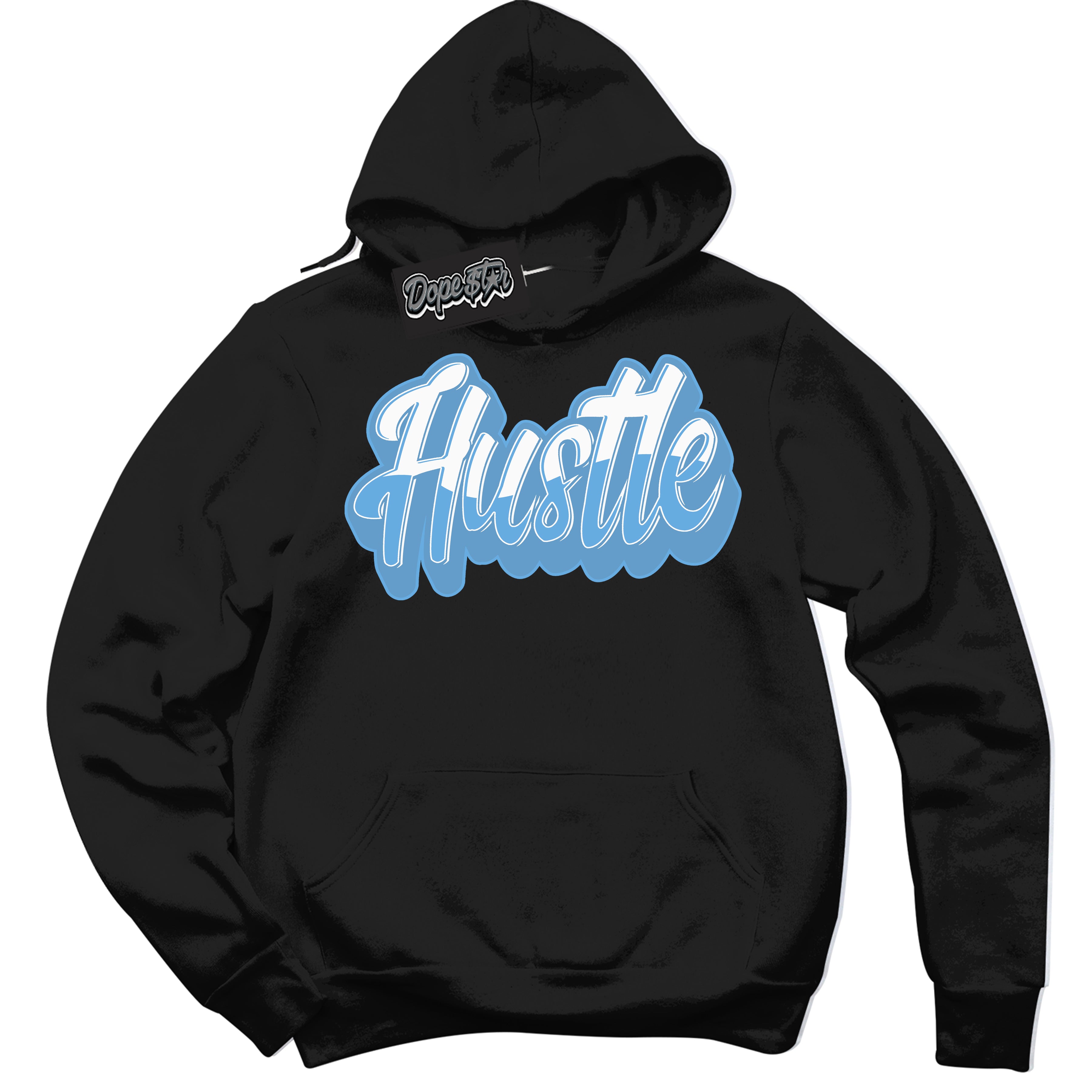 AJ1 Mid Legend Blue ‘Hustle’ – Black Streetwear Hoodie | Sneaker Matching sweatshirt for AJ1 Mid Legend Blue | Men's and Women's Streetwear Graphic Hoodie by Sneaker Shirts Outlet.