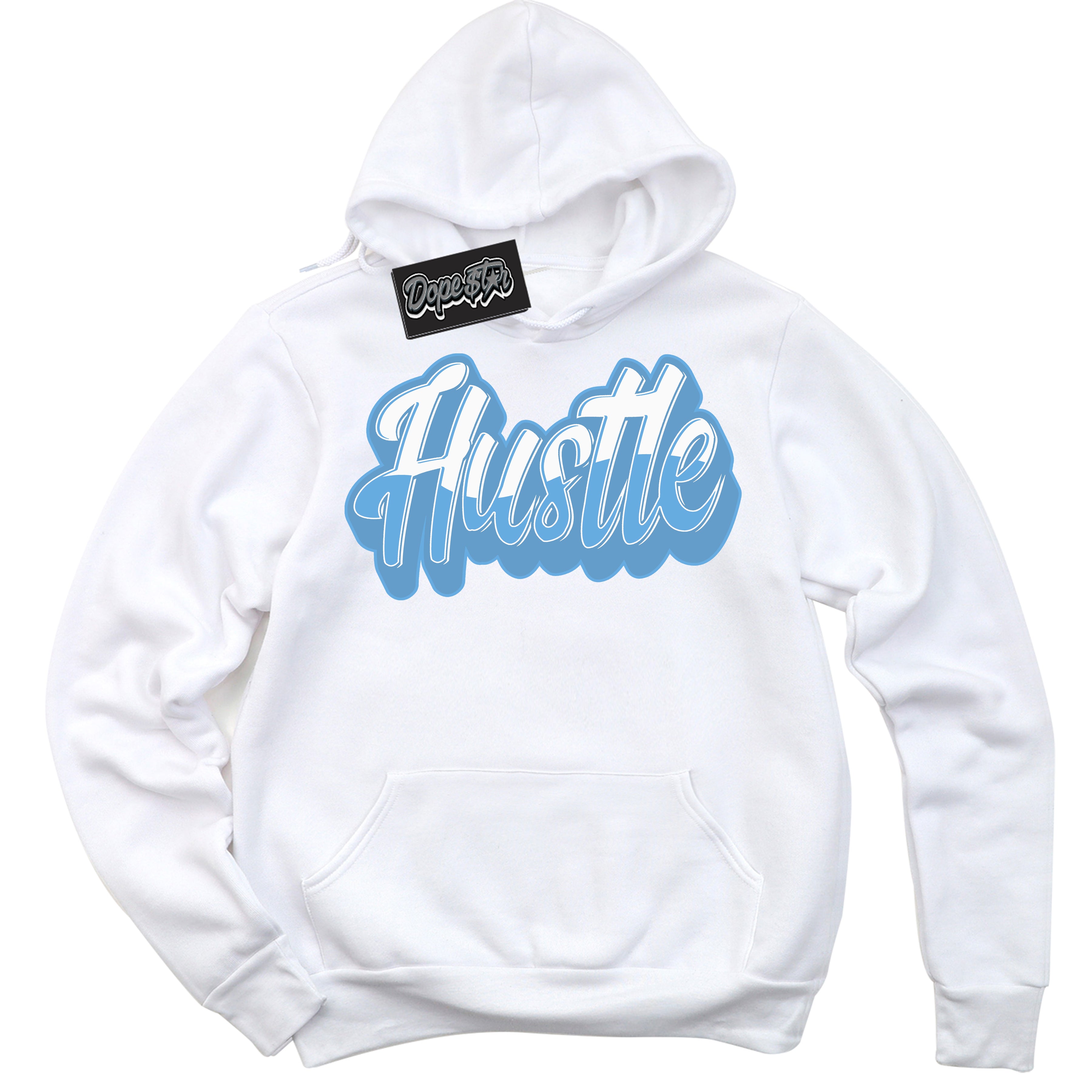 AJ1 Mid Legend Blue ‘Hustle’ – White Streetwear Hoodie | Sneaker Matching sweatshirt for AJ1 Mid Legend Blue | Men's and Women's Streetwear Graphic Hoodie by Sneaker Shirts Outlet.