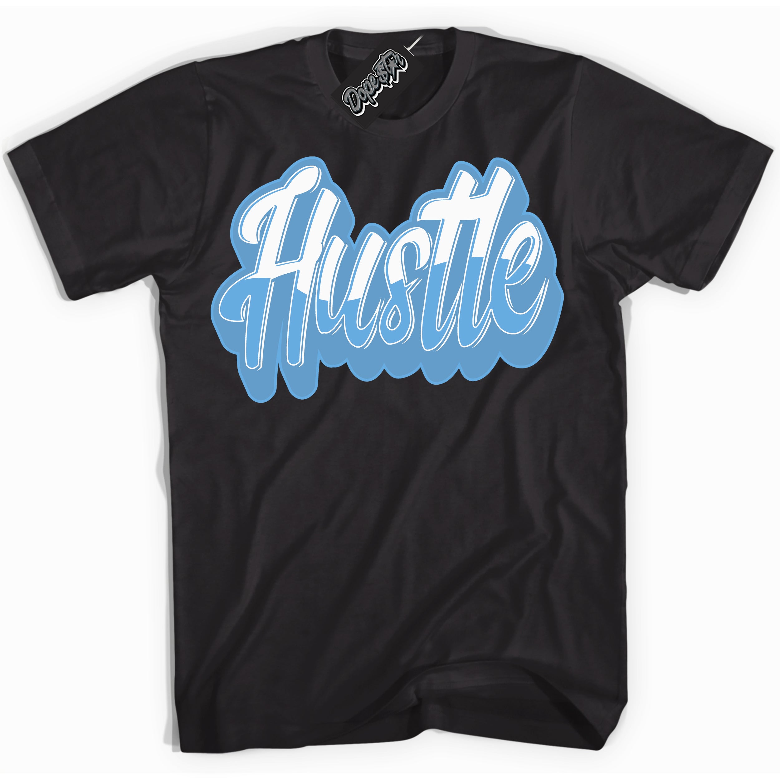 AJ1 Mid Legend Blue ‘Hustle’ – Black Streetwear T-Shirt | Sneaker Matching shirt for AJ1 Mid Legend Blue | Men's and Women's Streetwear Graphic Tee by Sneaker Shirts Outlet.