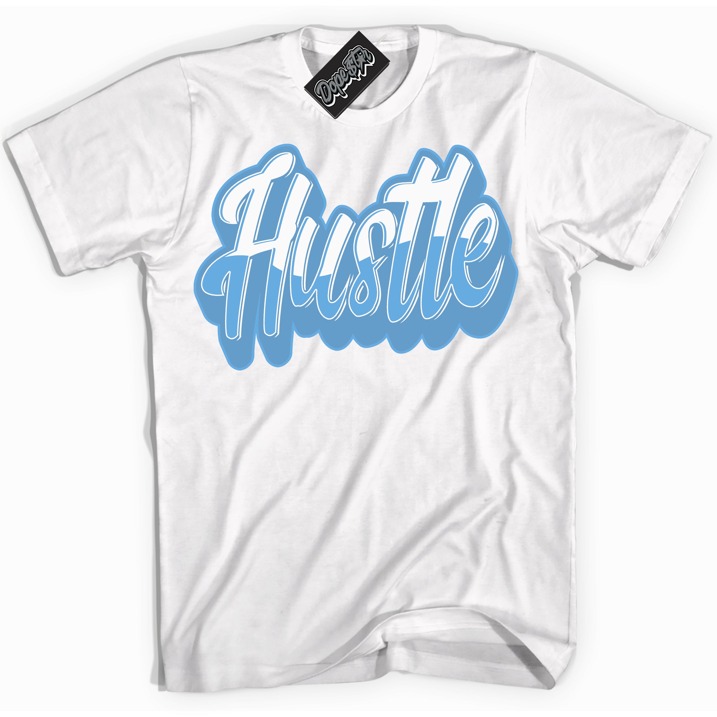 AJ1 Mid Legend Blue ‘Hustle’ – White Streetwear T-Shirt | Sneaker Matching shirt for AJ1 Mid Legend Blue | Men's and Women's Streetwear Graphic Tee by Sneaker Shirts Outlet.