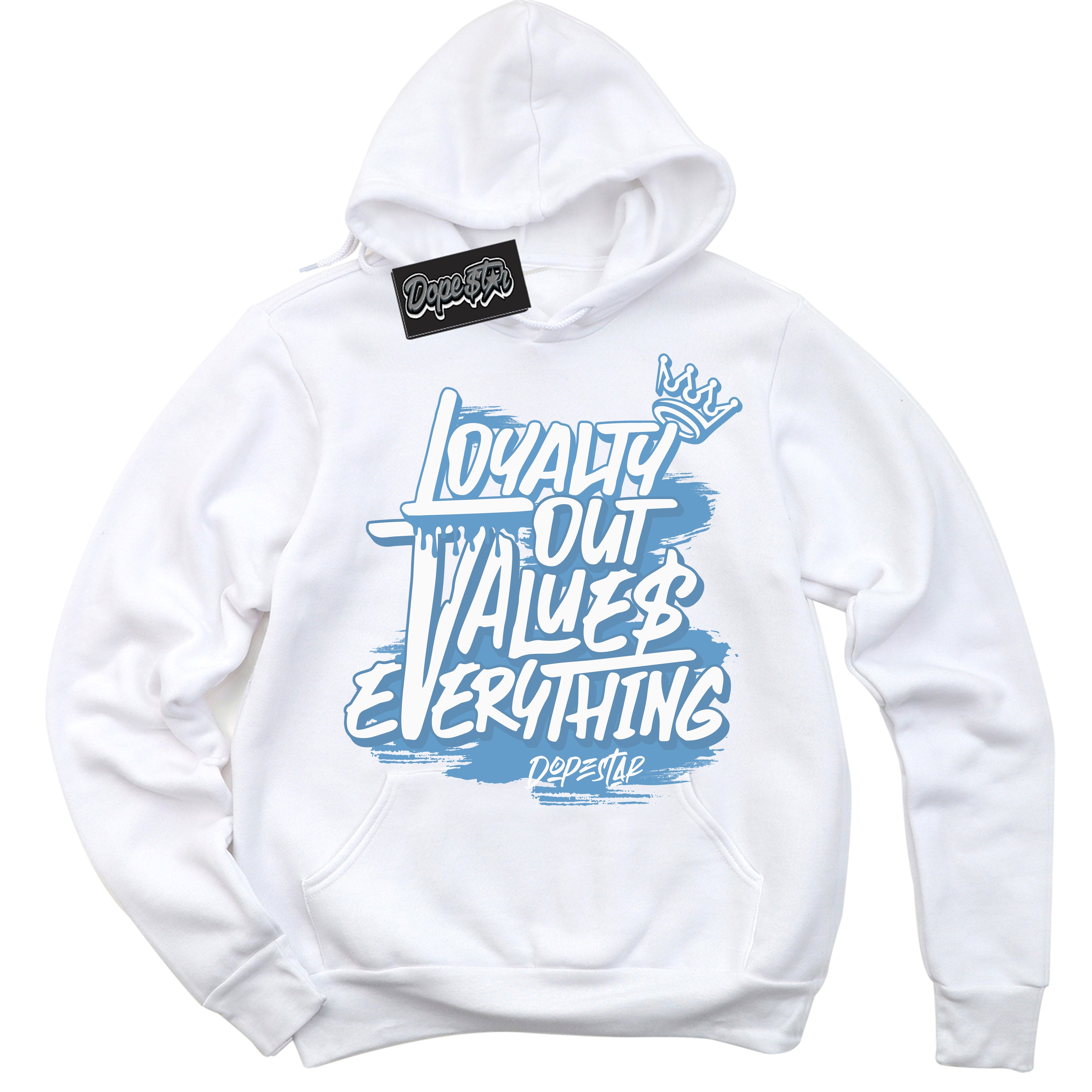 AJ1 Mid Legend Blue ‘Loyalty Out Values Everything’ – White Streetwear Hoodie | Sneaker Matching sweatshirt for AJ1 Mid Legend Blue | Men's and Women's Streetwear Graphic Hoodie by Sneaker Shirts Outlet.