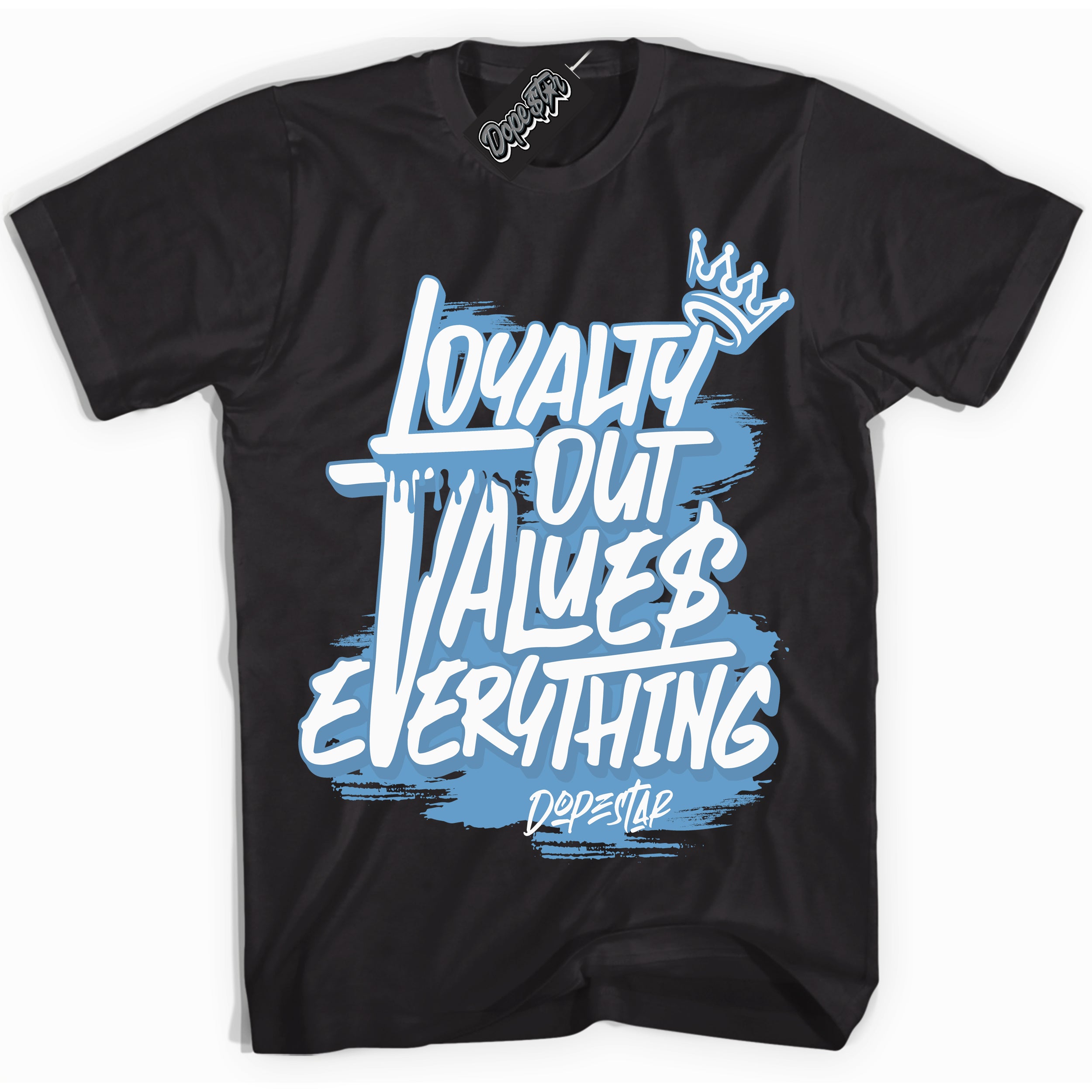 AJ1 Mid Legend Blue ‘Loyalty Out Values Everything’ – Black Streetwear T-Shirt | Sneaker Matching shirt for AJ1 Mid Legend Blue | Men's and Women's Streetwear Graphic Tee by Sneaker Shirts Outlet.