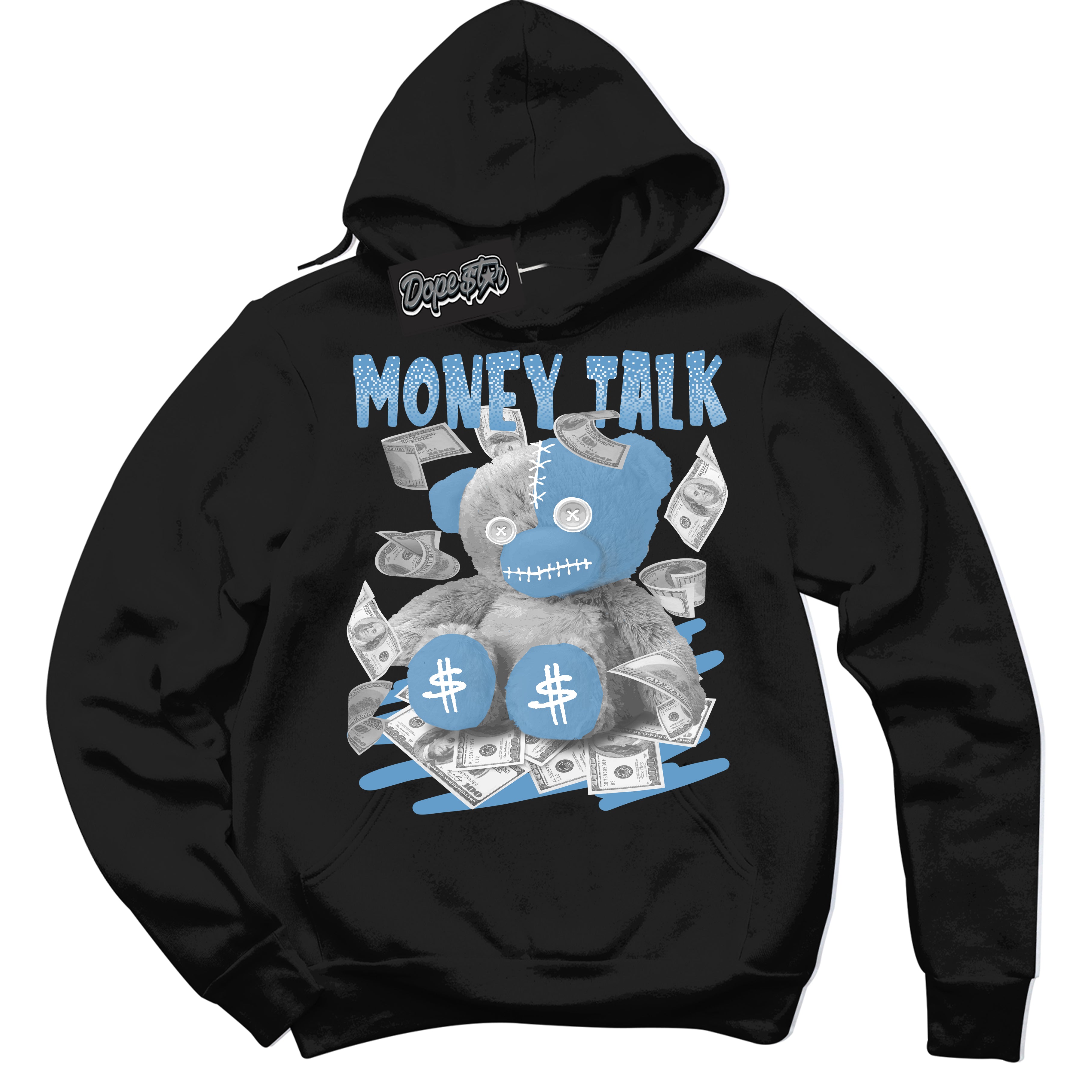 AJ1 Mid Legend Blue ‘Money Talk Bear’ – Black Streetwear Hoodie | Sneaker Matching sweatshirt for AJ1 Mid Legend Blue | Men's and Women's Streetwear Graphic Hoodie by Sneaker Shirts Outlet.