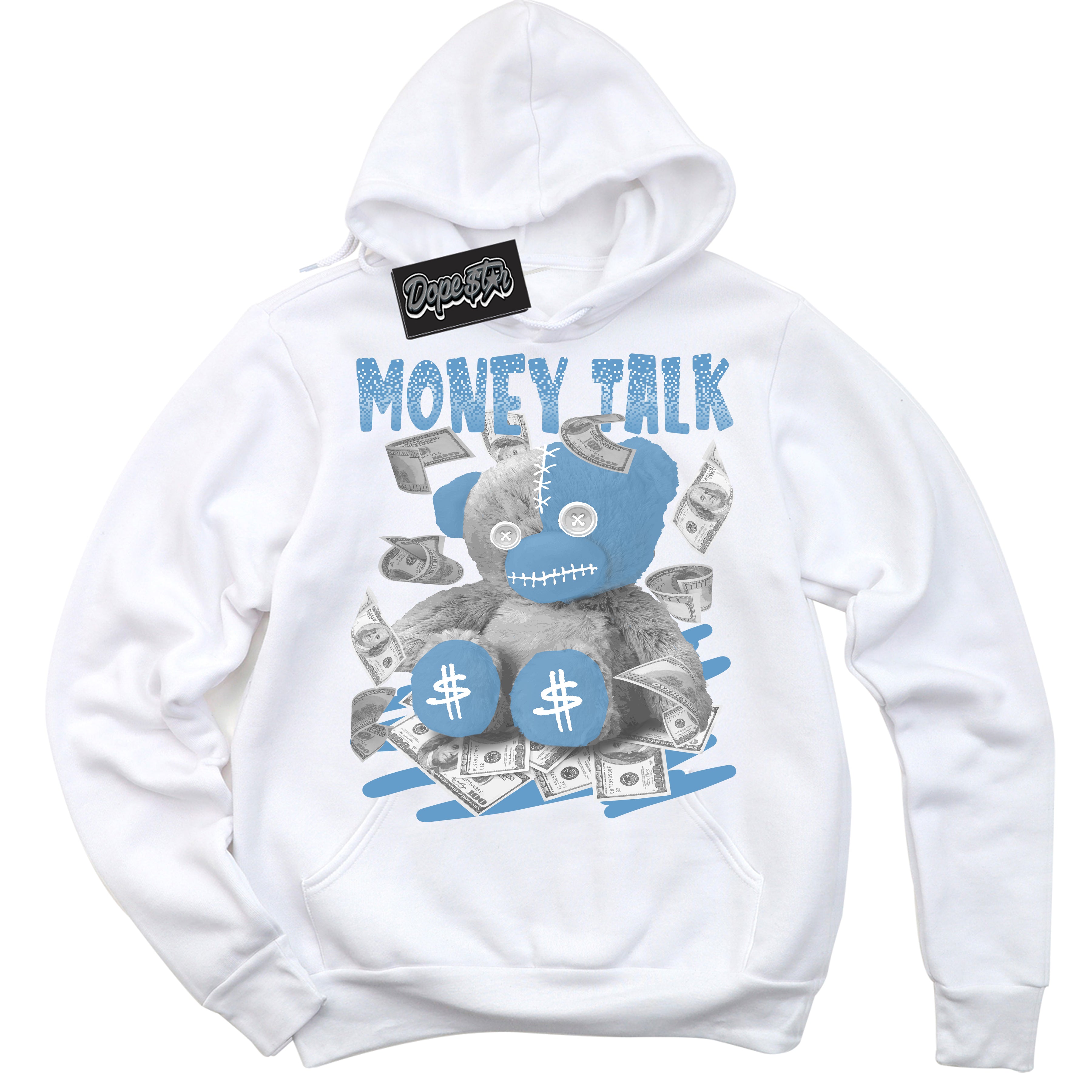 AJ1 Mid Legend Blue ‘Money Talk Bear’ – White Streetwear Hoodie | Sneaker Matching sweatshirt for AJ1 Mid Legend Blue | Men's and Women's Streetwear Graphic Hoodie by Sneaker Shirts Outlet.
