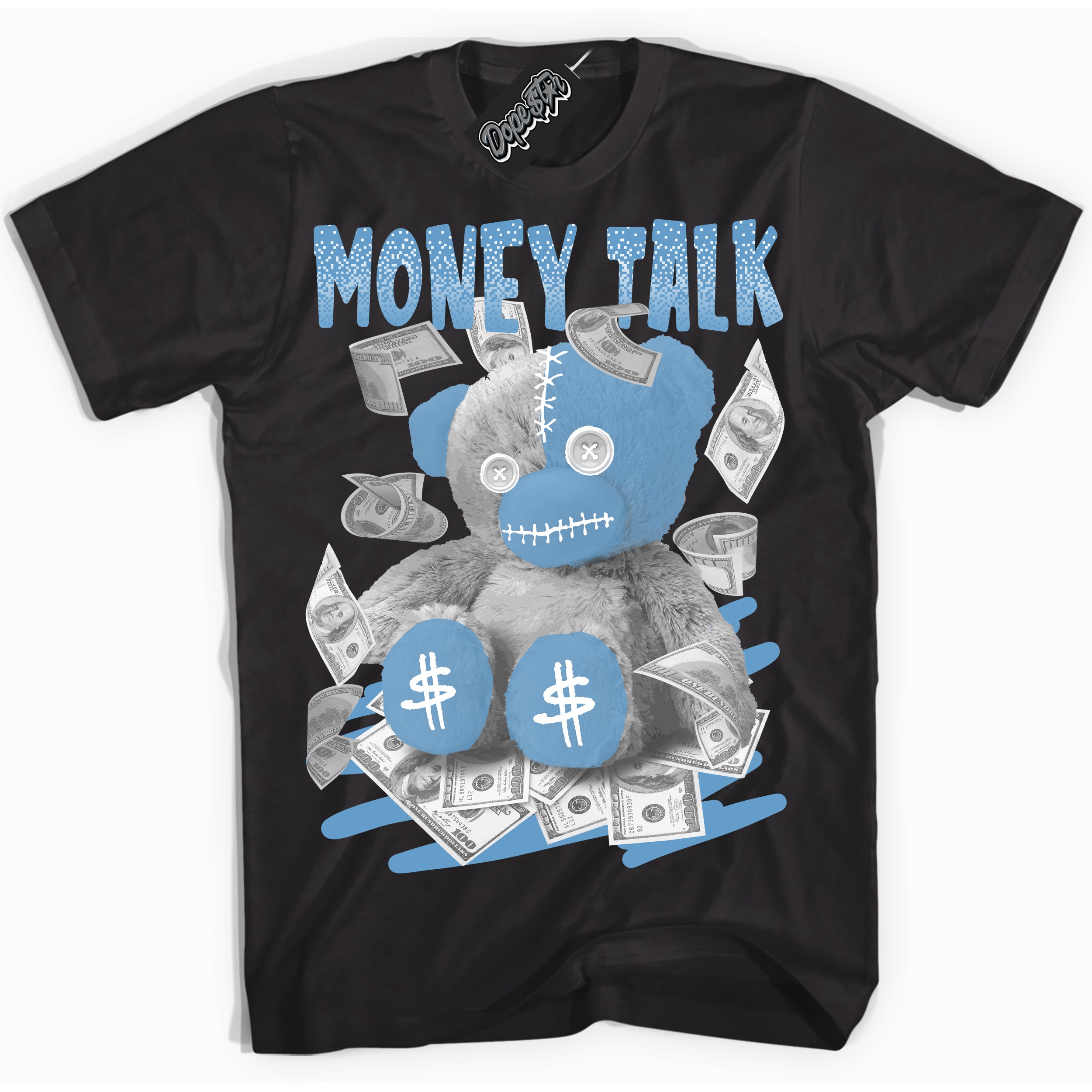 AJ1 Mid Legend Blue ‘Money Talk Bear’ – Black Streetwear T-Shirt | Sneaker Matching shirt for AJ1 Mid Legend Blue | Men's and Women's Streetwear Graphic Tee by Sneaker Shirts Outlet.