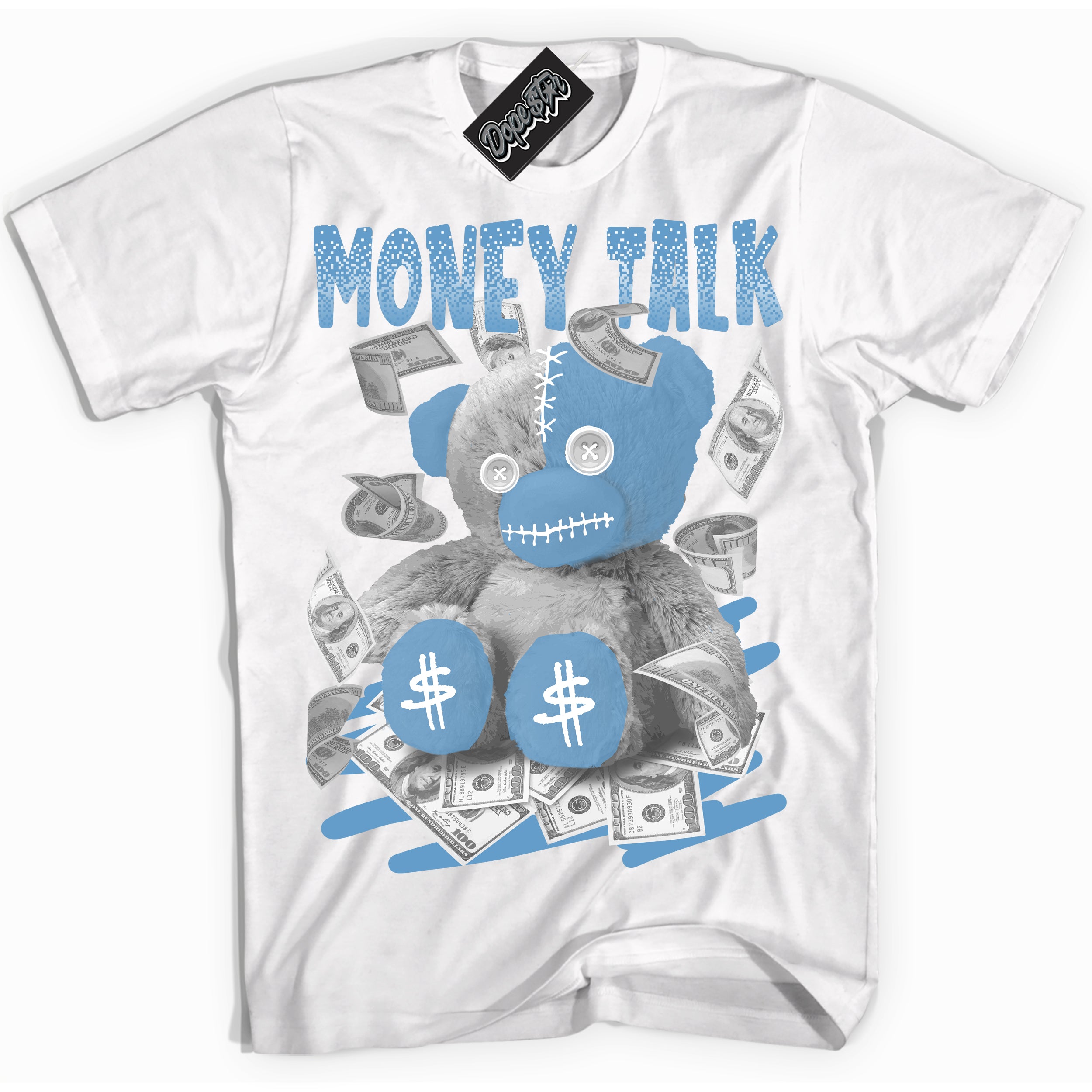 AJ1 Mid Legend Blue ‘Money Talk Bear’ – White Streetwear T-Shirt | Sneaker Matching shirt for AJ1 Mid Legend Blue | Men's and Women's Streetwear Graphic Tee by Sneaker Shirts Outlet.