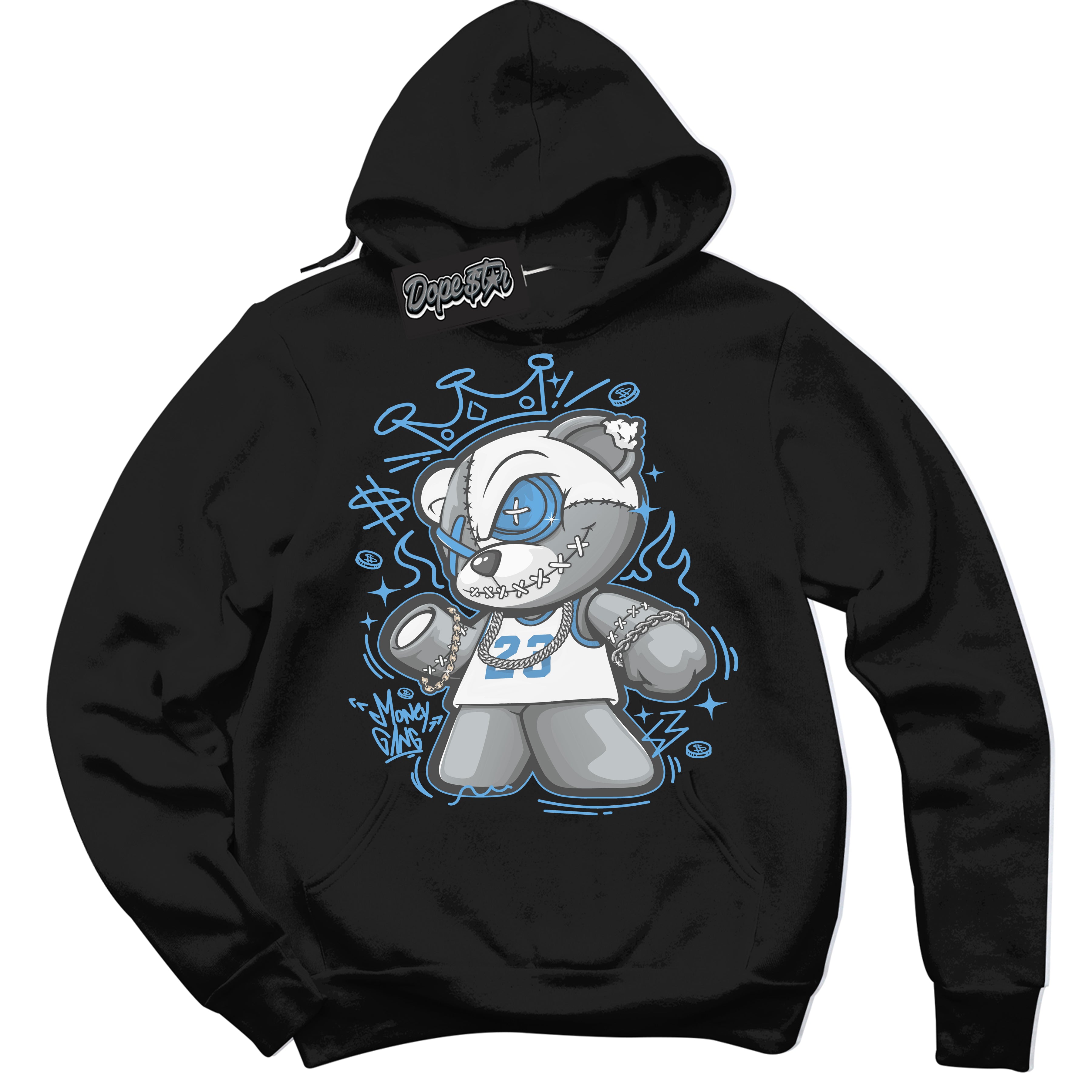 AJ1 Mid Legend Blue ‘Money Gang Bear’ – Black Streetwear Hoodie | Sneaker Matching sweatshirt for AJ1 Mid Legend Blue | Men's and Women's Streetwear Graphic Hoodie by Sneaker Shirts Outlet.