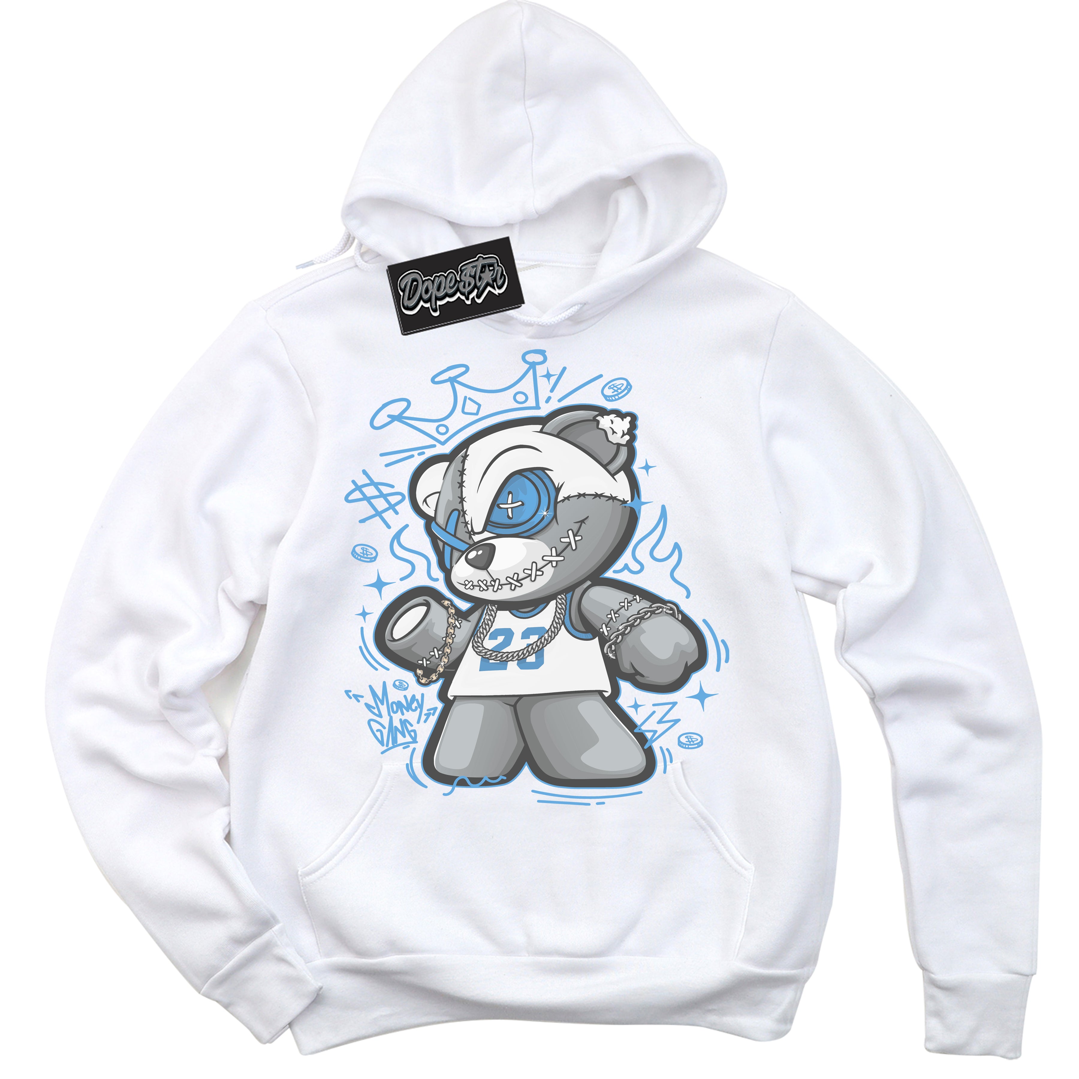 AJ1 Mid Legend Blue ‘Money Gang Bear’ – White Streetwear Hoodie | Sneaker Matching sweatshirt for AJ1 Mid Legend Blue | Men's and Women's Streetwear Graphic Hoodie by Sneaker Shirts Outlet.