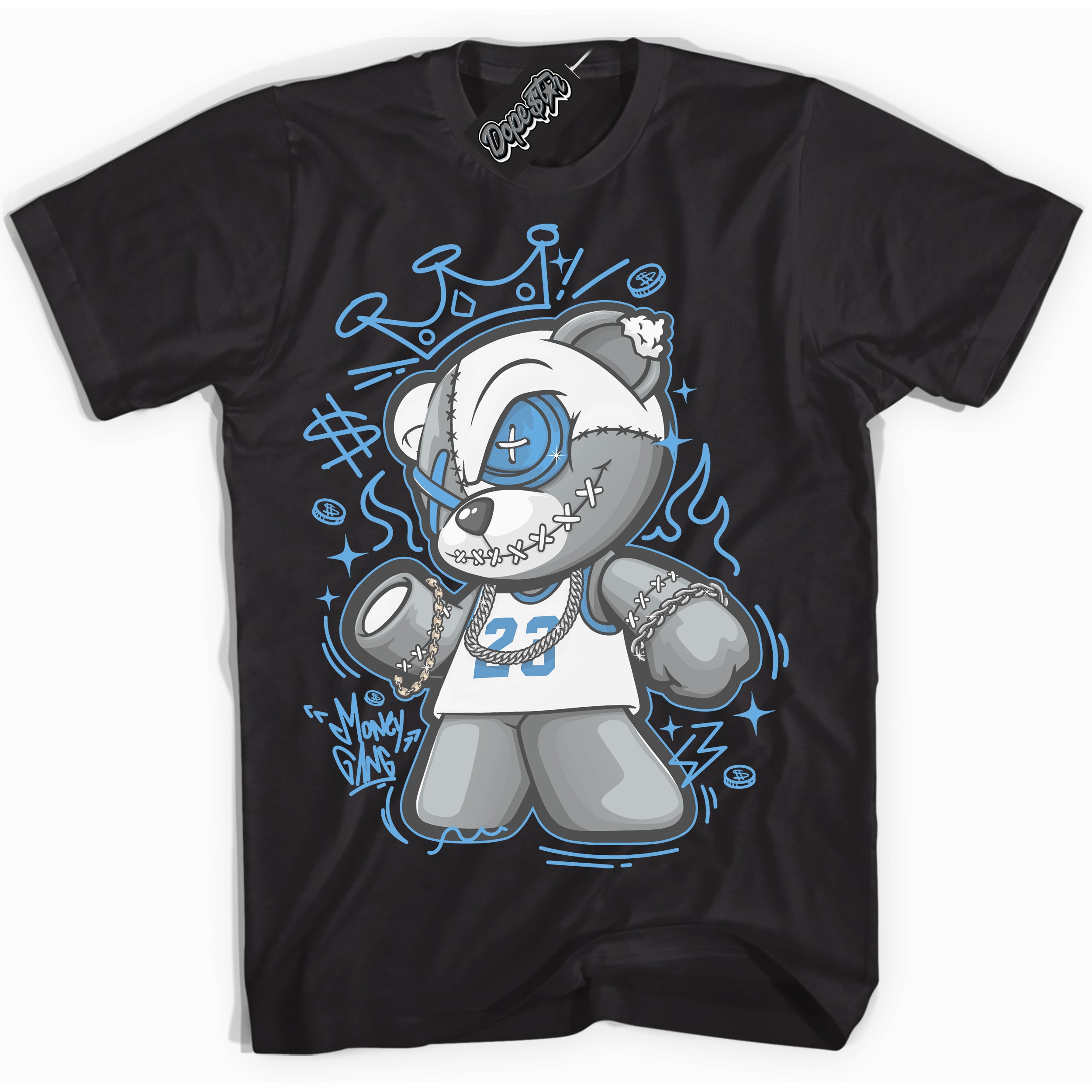 AJ1 Mid Legend Blue ‘Money Gang Bear’ – Black Streetwear T-Shirt | Sneaker Matching shirt for AJ1 Mid Legend Blue | Men's and Women's Streetwear Graphic Tee by Sneaker Shirts Outlet.